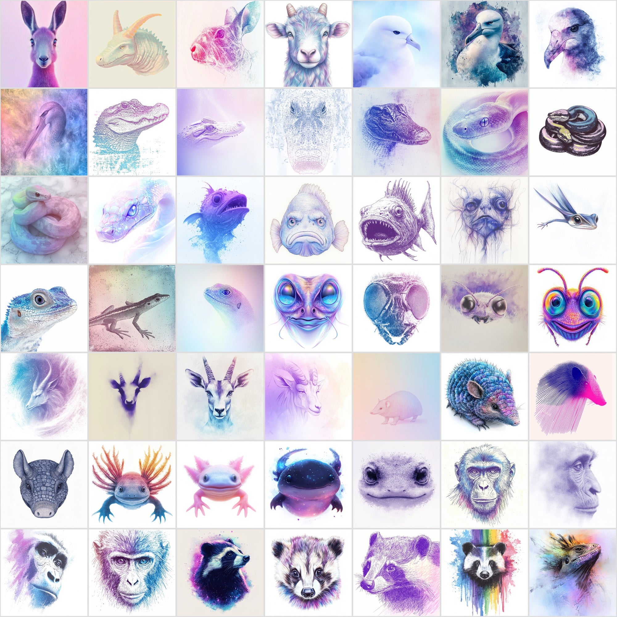 560 Dreamy Animal Face Illustrations Bundle | Charcoal Art with Pastel Backgrounds