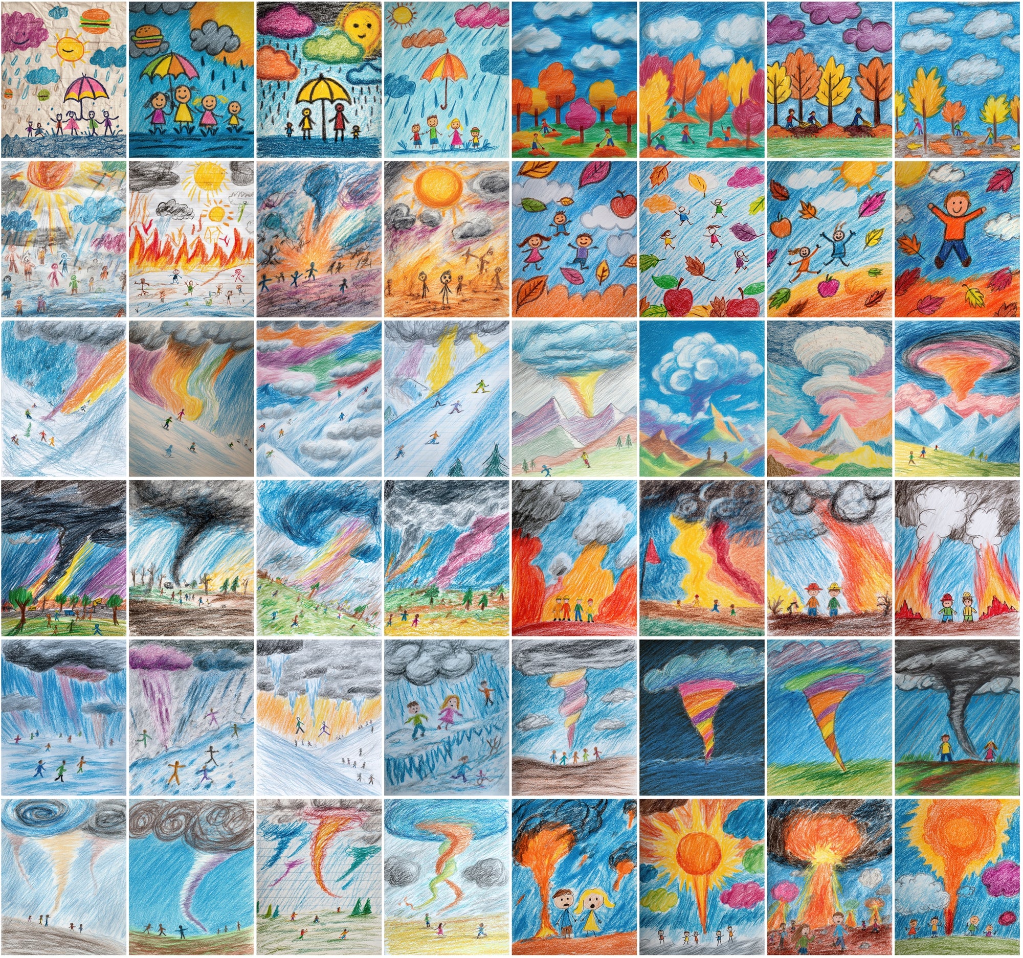 560 Kids Crayon Drawing Illustrations – Whimsical Weather-Themed JPG Art with Commercial License