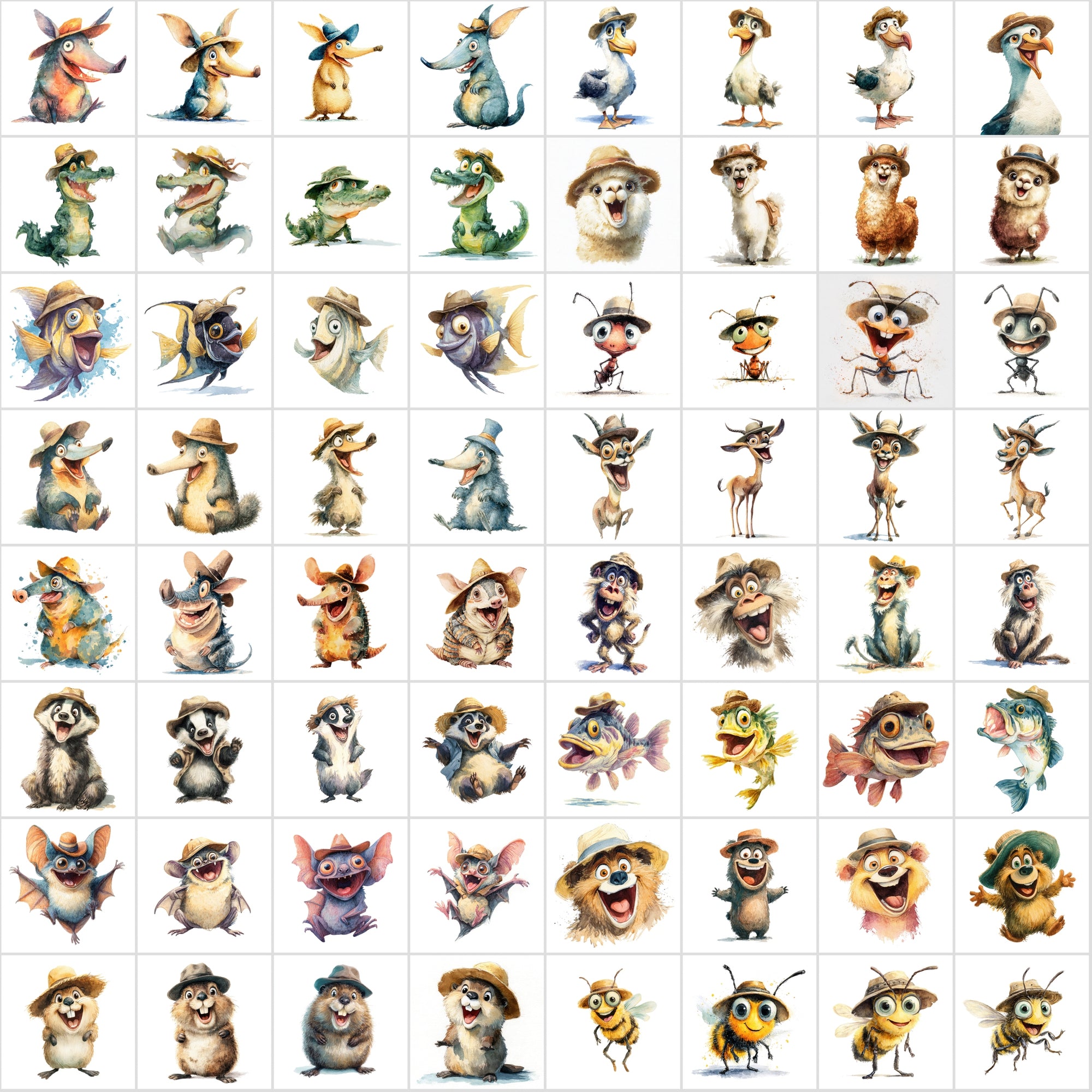 610 Funny Animals with Hats – Cartoon Watercolor Animal Clipart Bundle