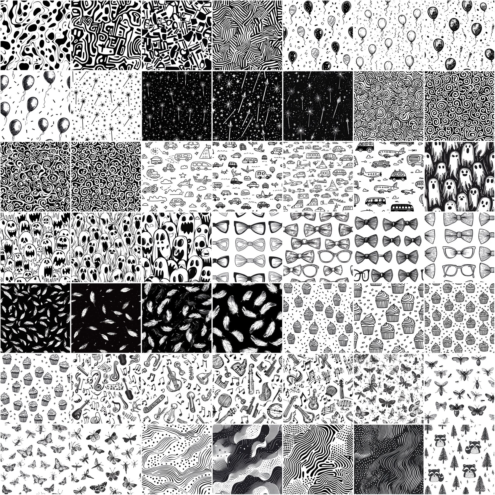 555 Black & White Seamless Patterns | Hand-Drawn Doodles, Geometric & Cute Designs