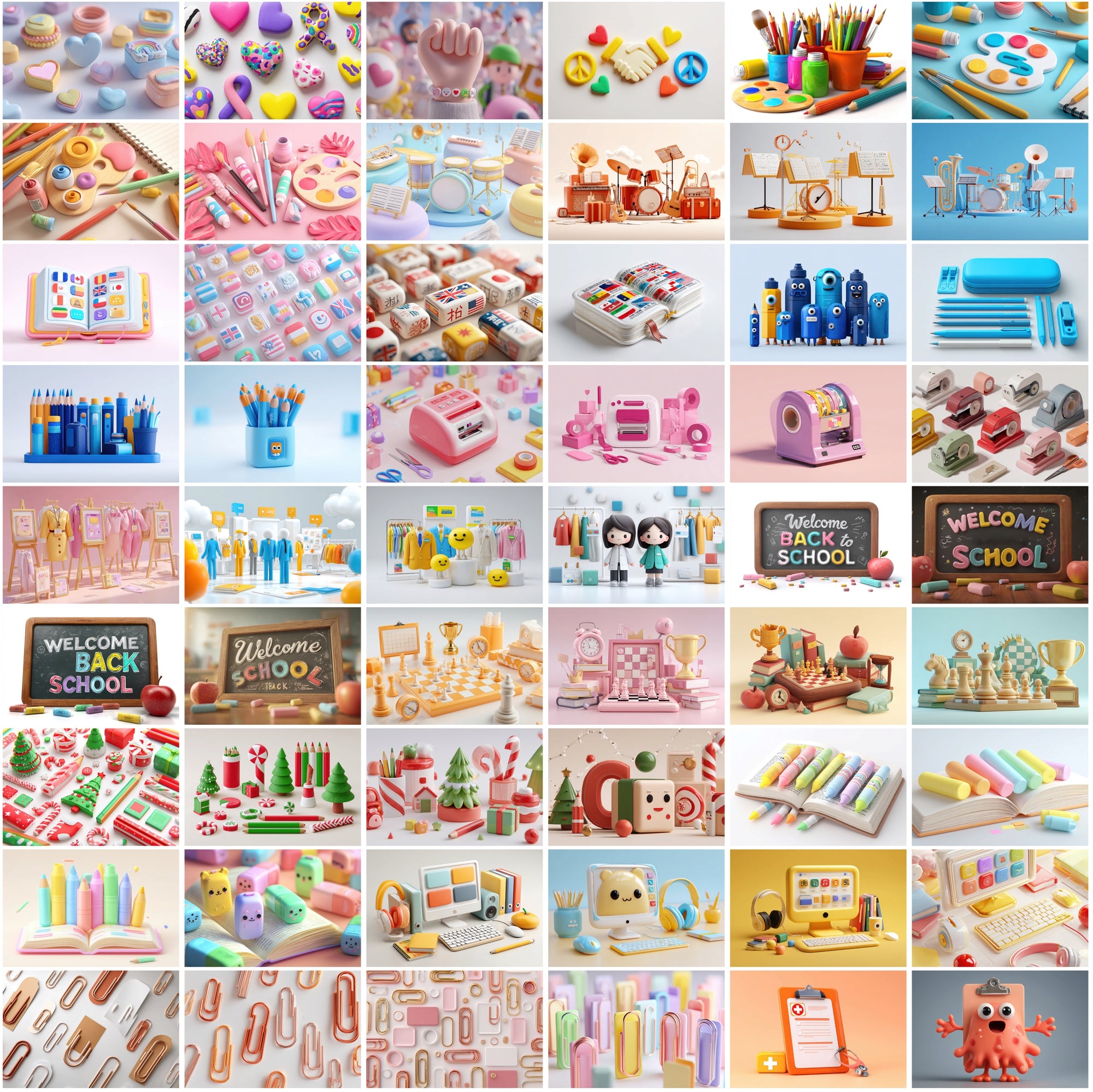 575 Clay Back-to-School Images • Pastel 3D Clipart