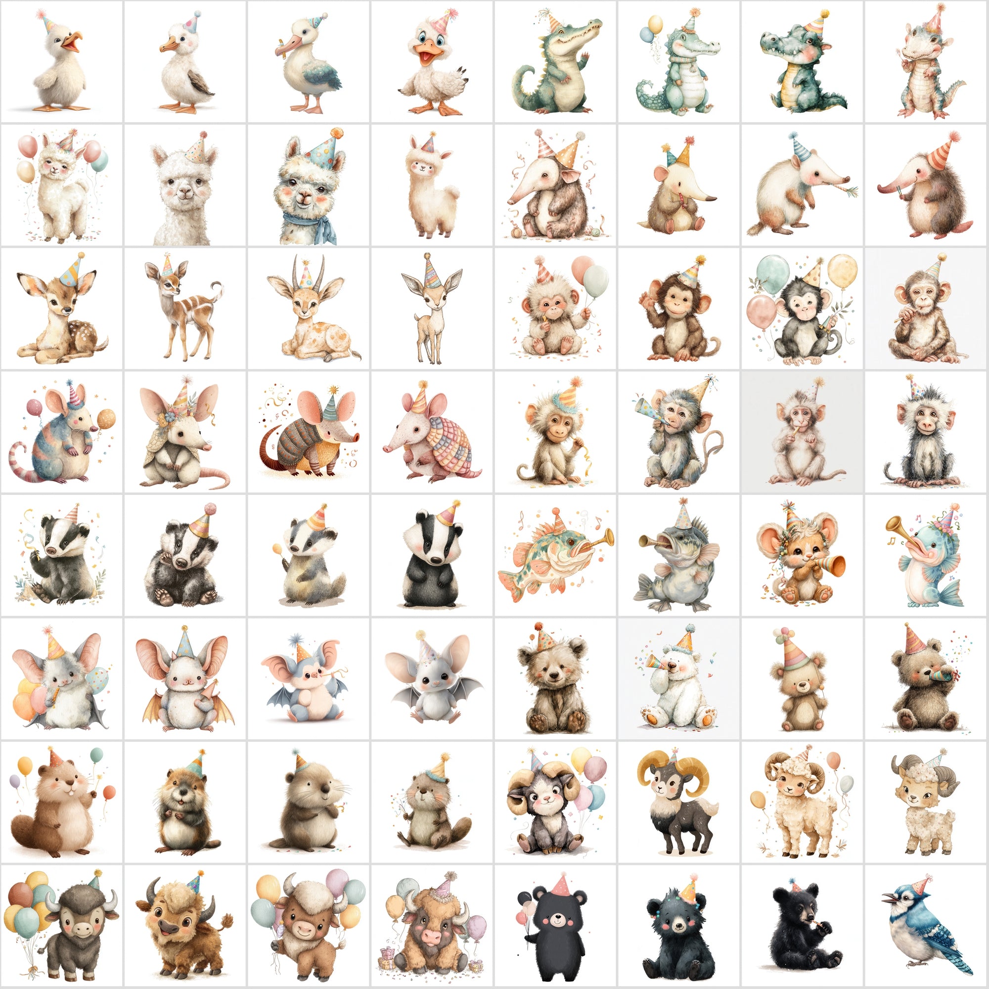 600 Cute Party Animal Clipart | Birthday Animal Illustrations | Pastel Baby Animal Graphics
