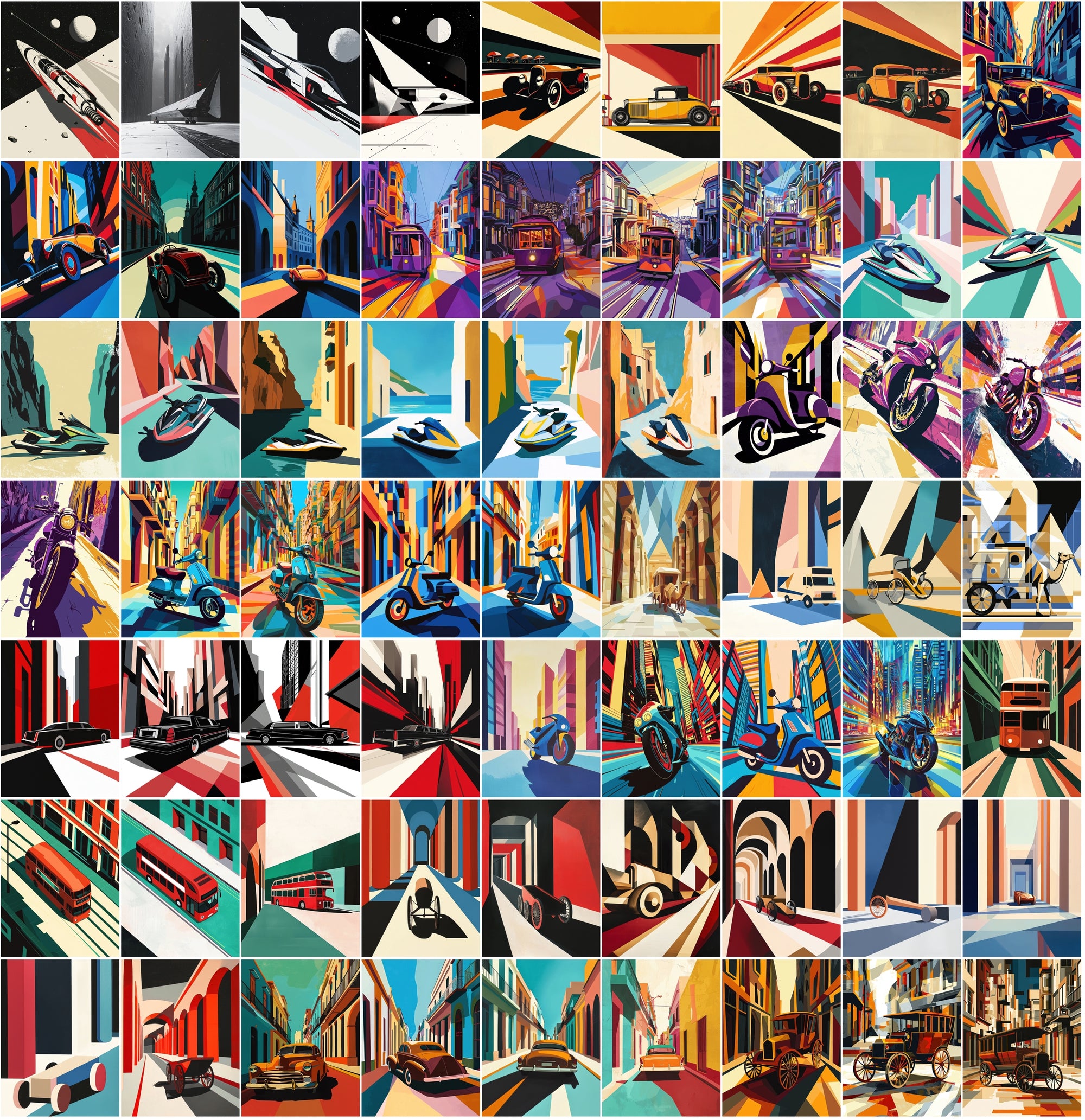 555 Bauhaus Vehicle Illustrations Bundle | City Transport Art | Geometric Digital Wall Art