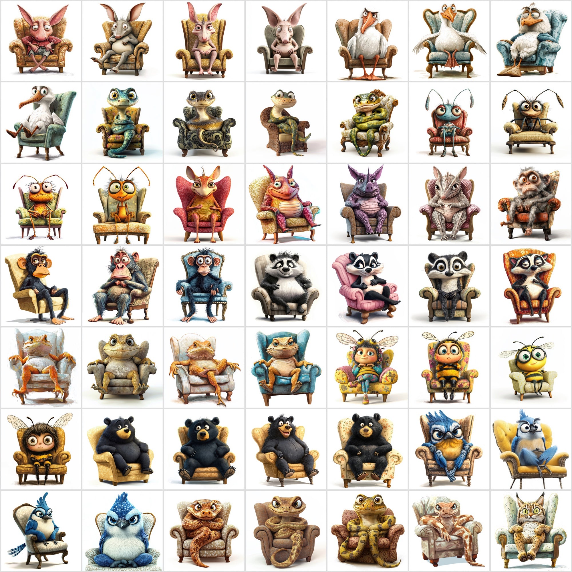600 Fun Animal Illustrations Sitting on Armchairs