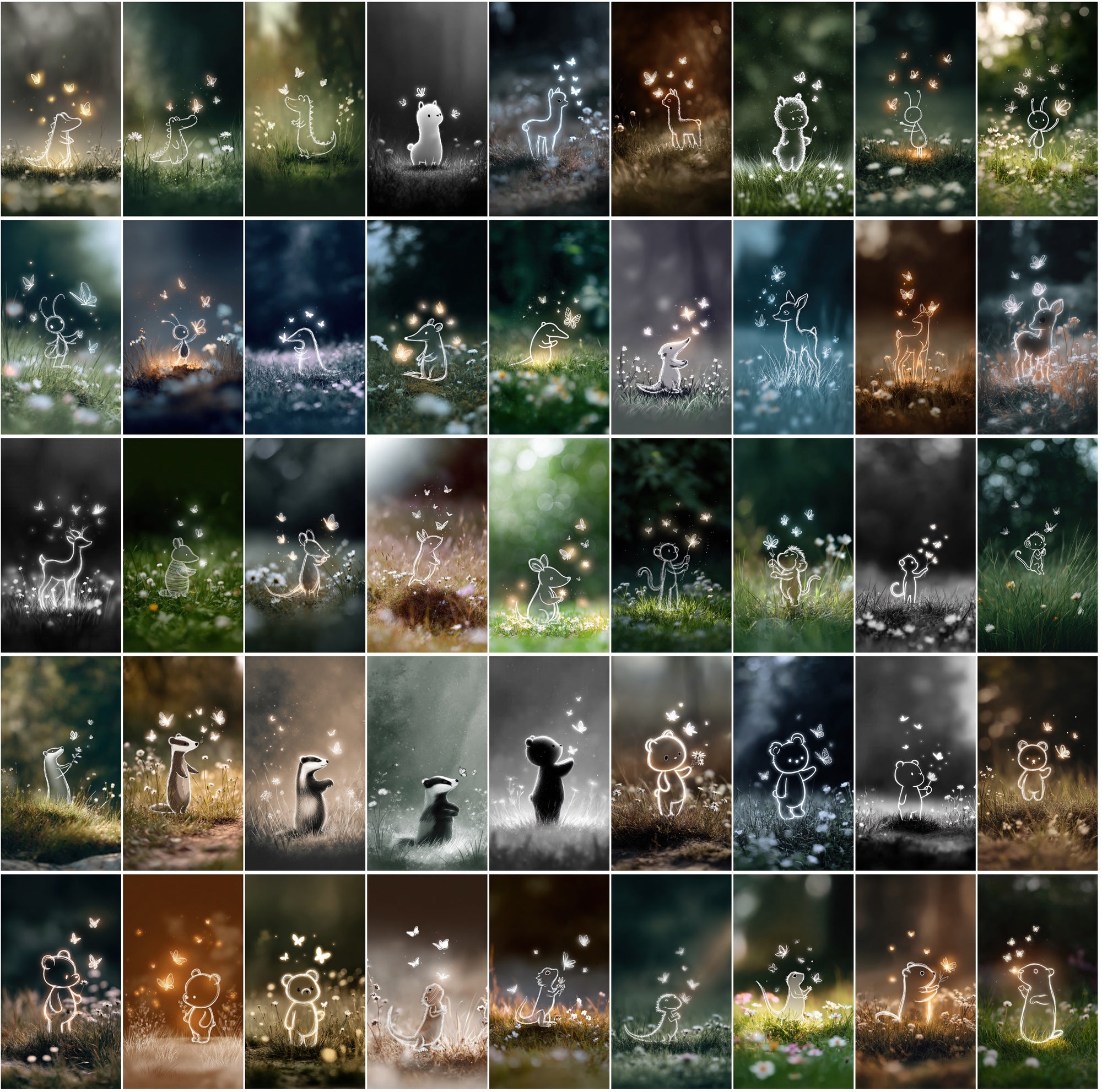 610 Glowing Outline Animal Illustrations – Cute Minimalist Kids Art with Commercial License