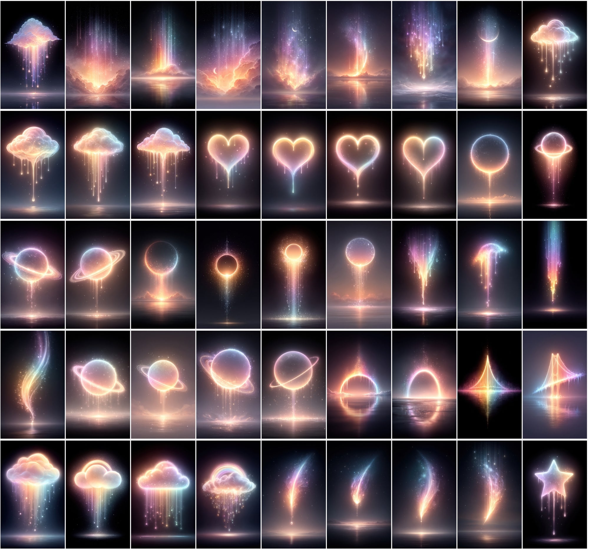 620 Glowing Rainbow Neon Images | Luminous Cosmic Art | Sparkling Dripping Stars, Moons, Clouds & Hearts