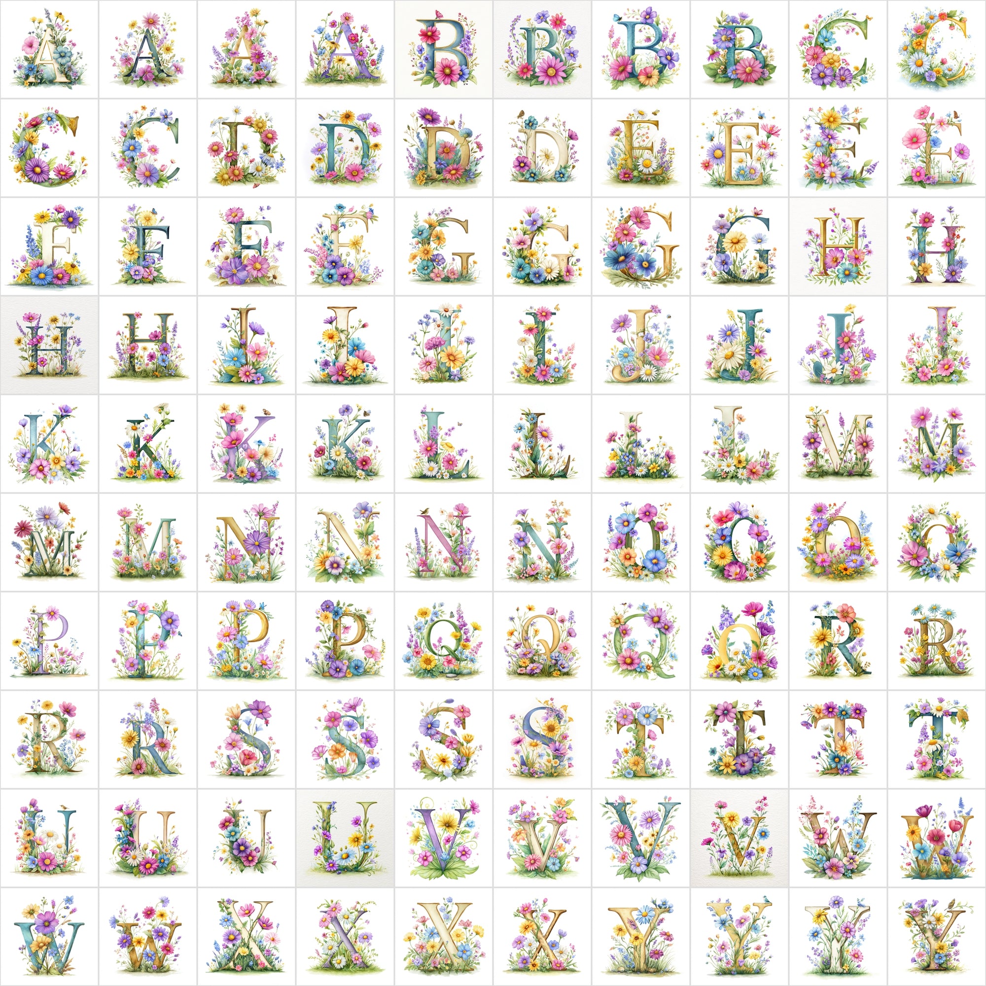 1040 Watercolor Floral Letters – Nature-Inspired Alphabet Clipart