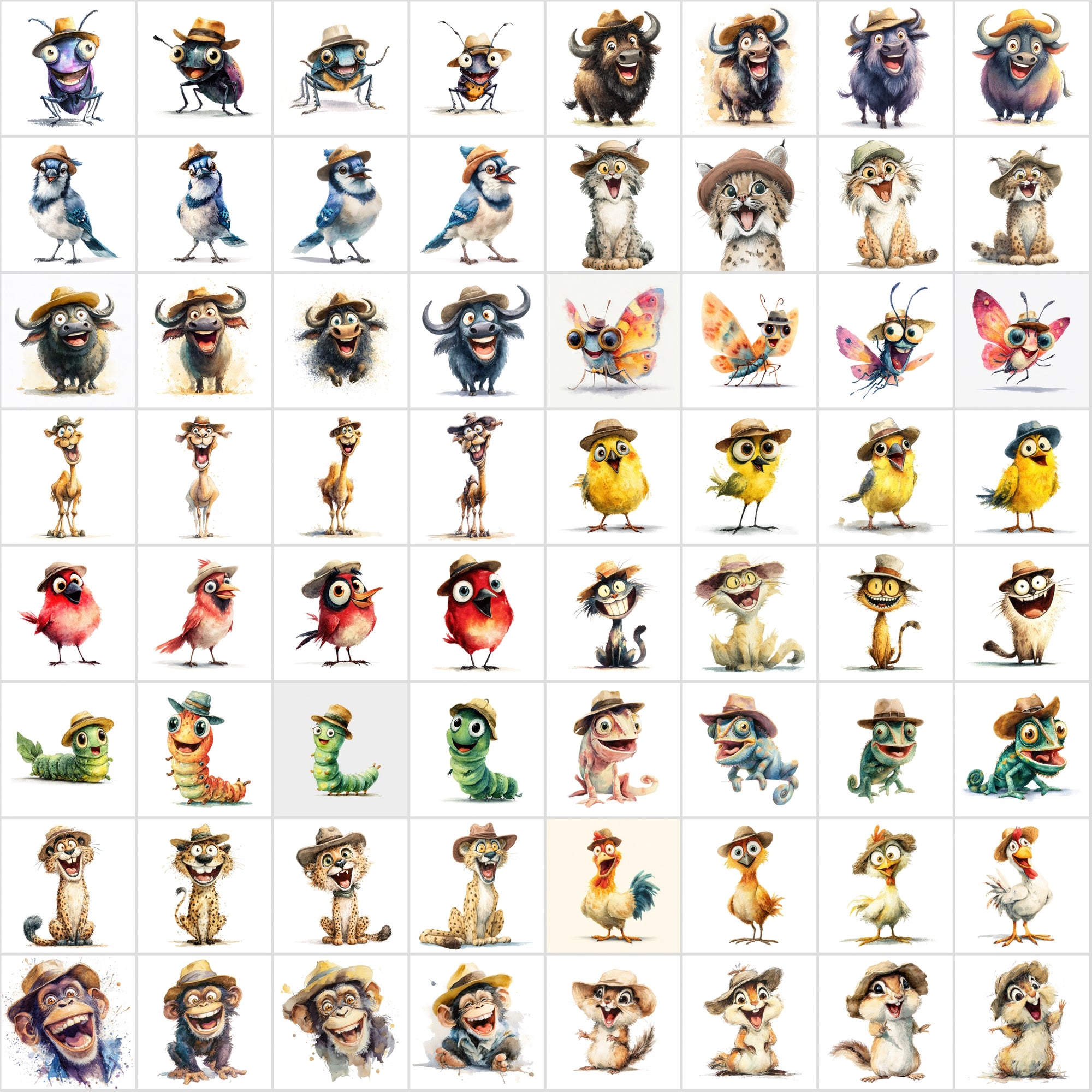 610 Funny Animals with Hats – Cartoon Watercolor Animal Clipart Bundle