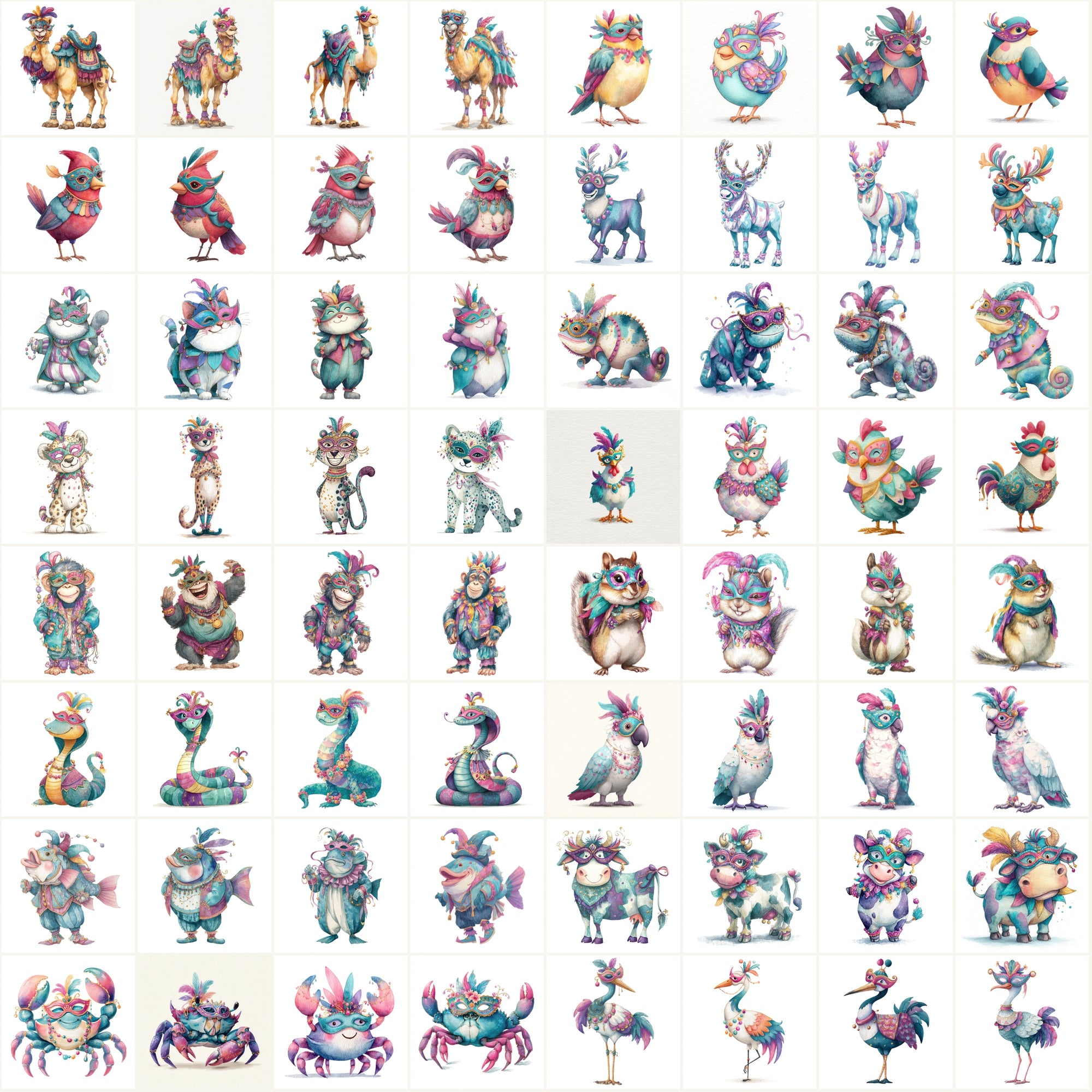 589 Festive Masquerade Animal Clipart – High-Res Watercolor JPGs with Commercial License