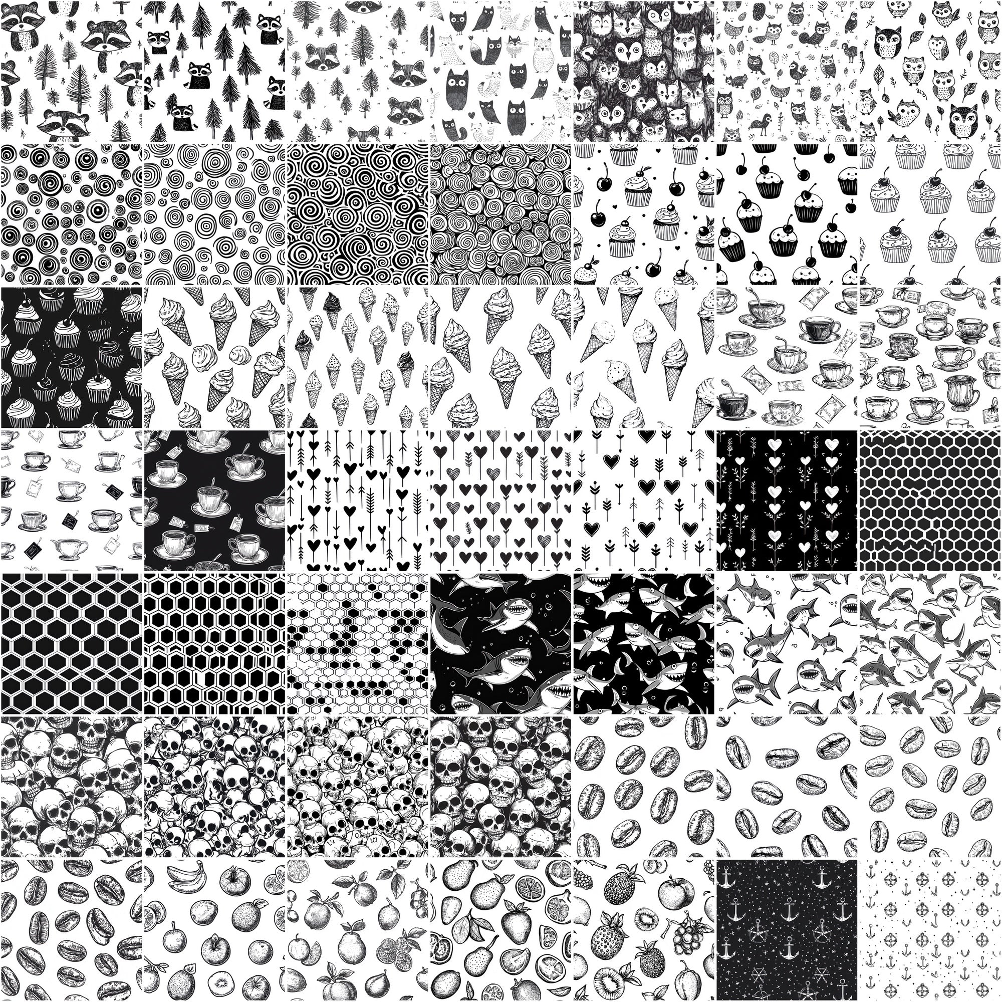 555 Black & White Seamless Patterns | Hand-Drawn Doodles, Geometric & Cute Designs