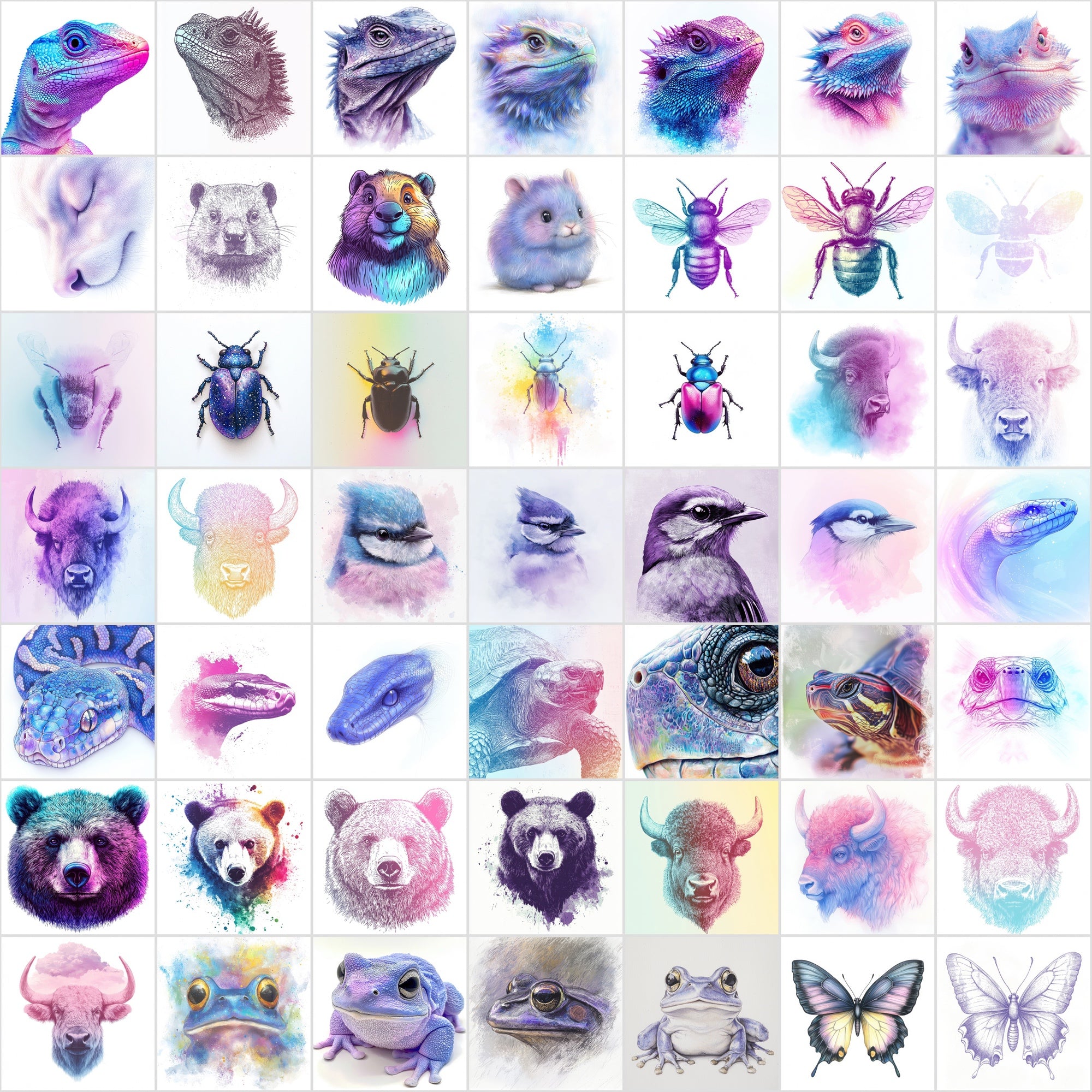 560 Dreamy Animal Face Illustrations Bundle | Charcoal Art with Pastel Backgrounds