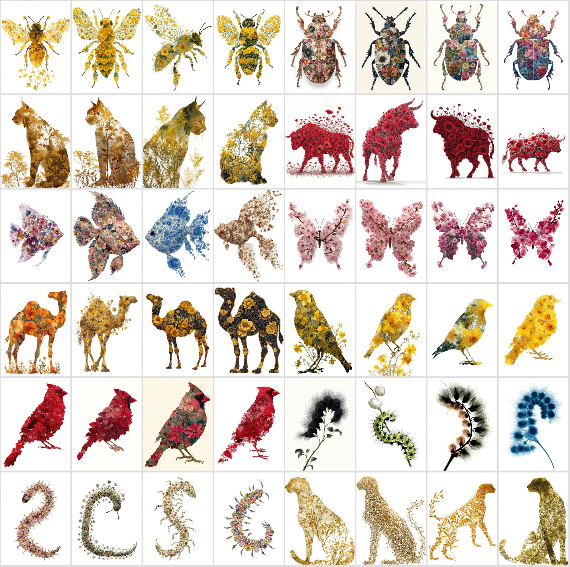 610 Floral Animal Silhouette Images – Vintage Flower Art, Commercial License