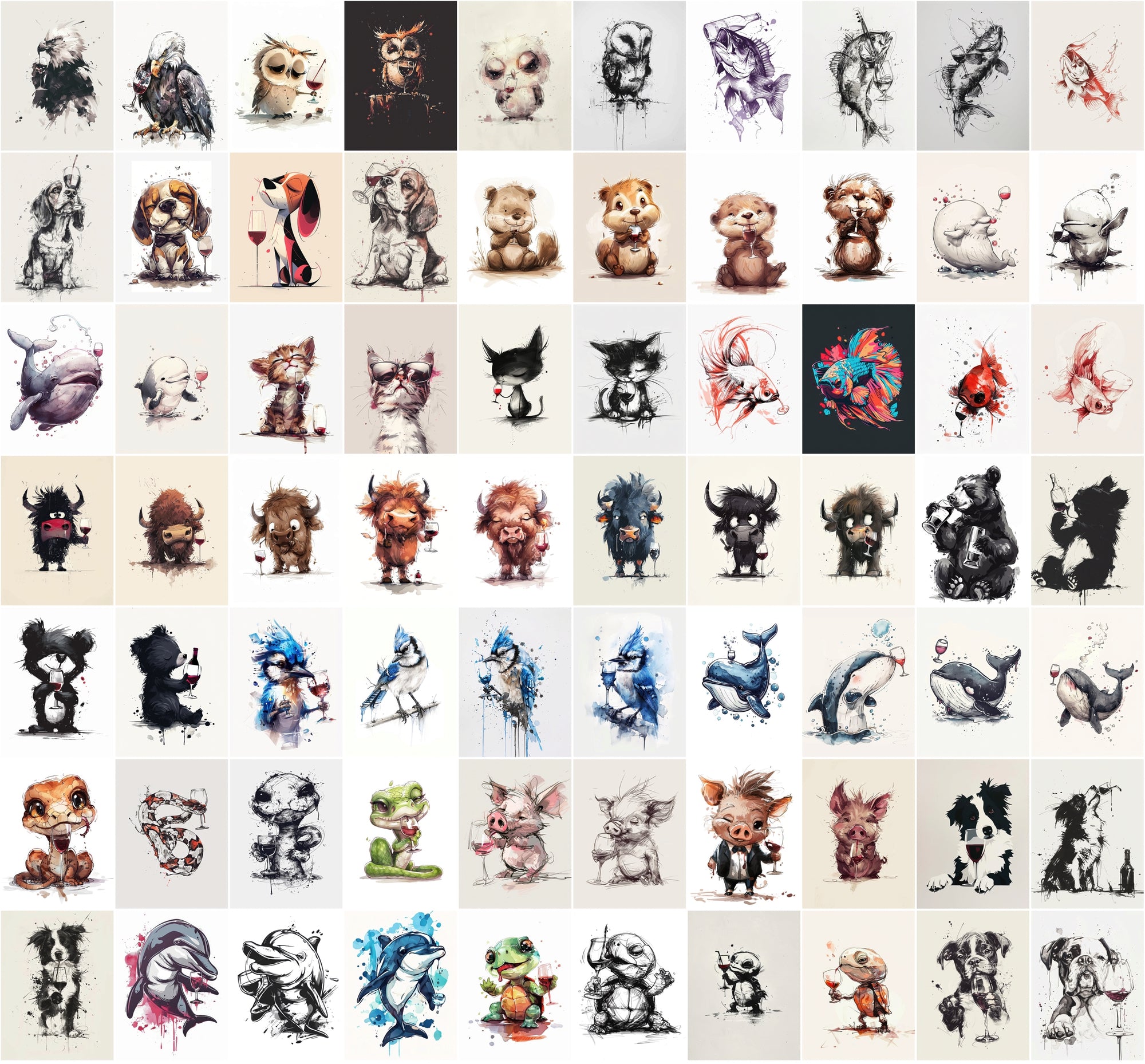 980 Unique Animal Wine Art Images | Commercial Use | Perfect for Postcards & Party Decor