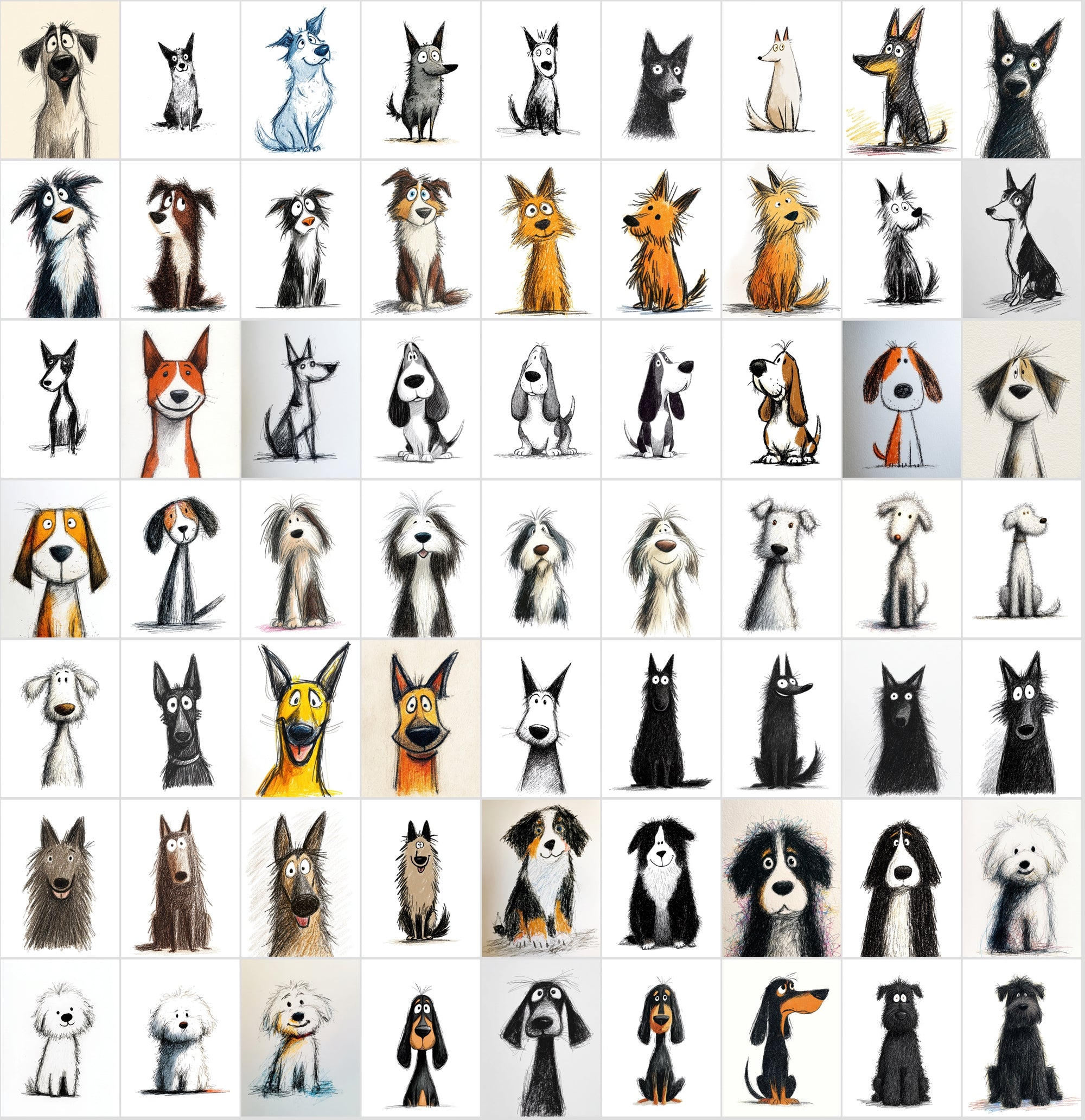 740 Dog Breed Doodle Illustrations – Quirky Sketch Clipart Bundle, Commercial License