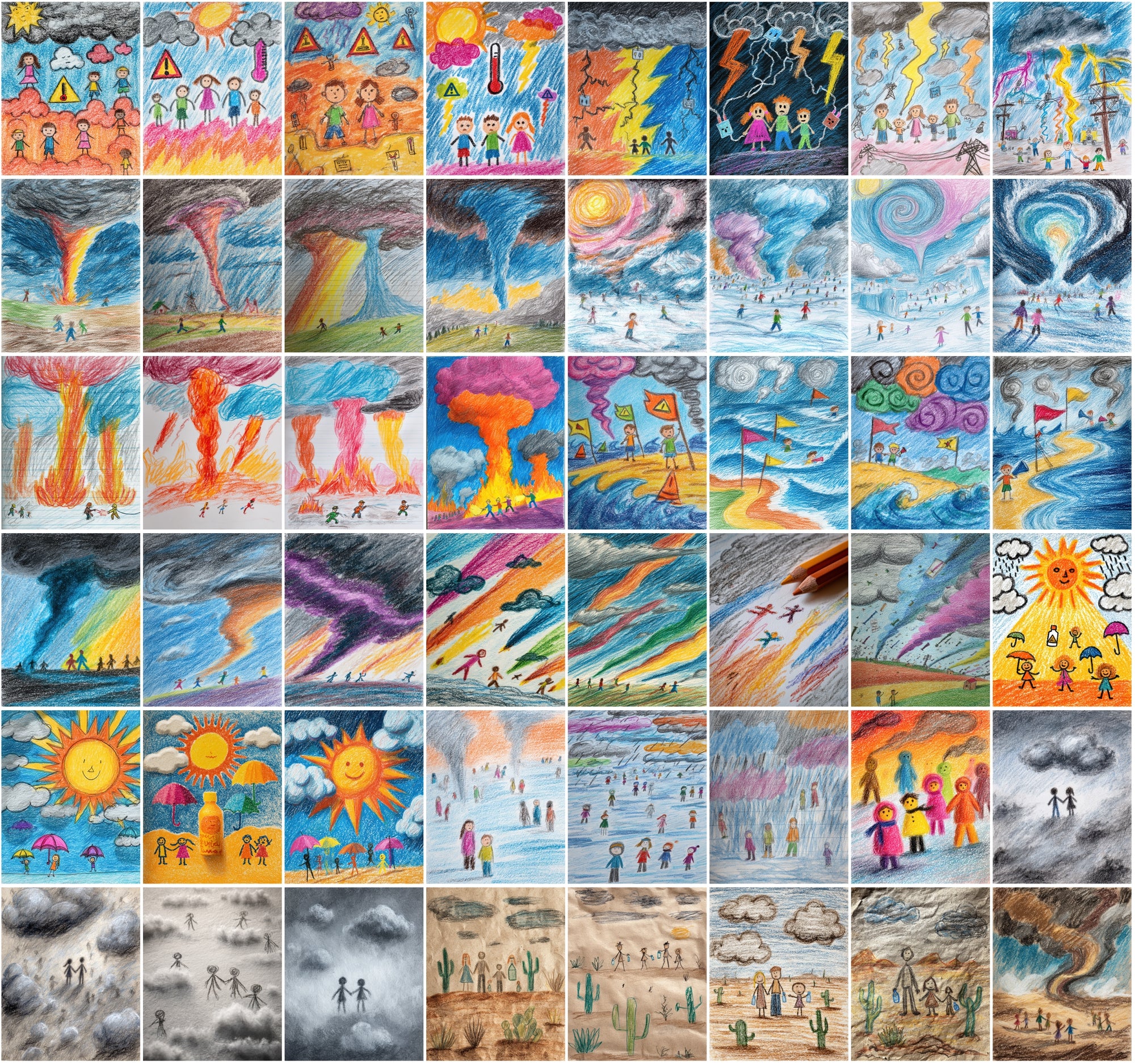 560 Kids Crayon Drawing Illustrations – Whimsical Weather-Themed JPG Art with Commercial License