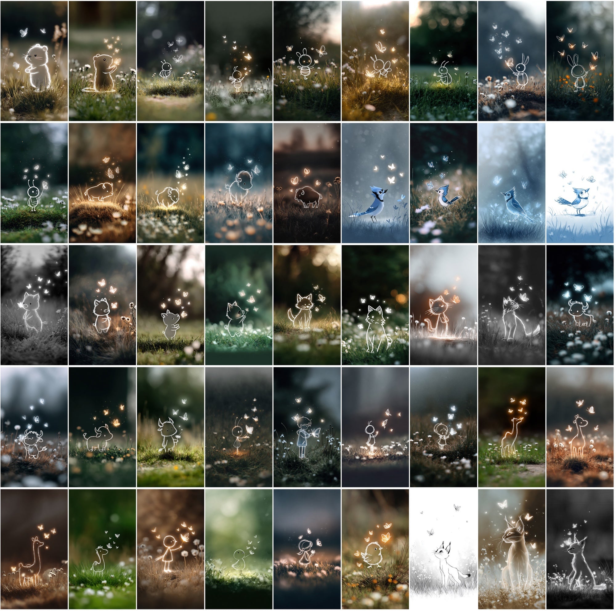 610 Glowing Outline Animal Illustrations – Cute Minimalist Kids Art with Commercial License