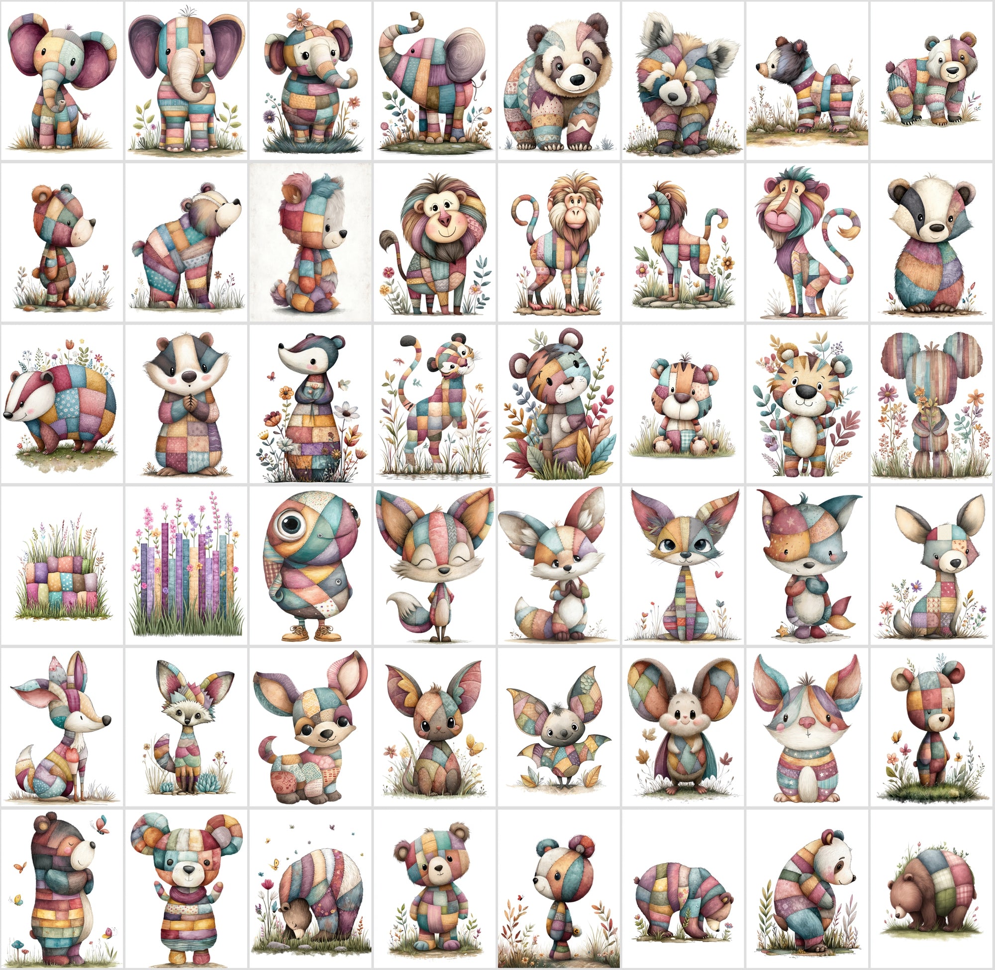 1090 Patchwork Animal Clipart Bundle – Cute Kids Book Style Animals