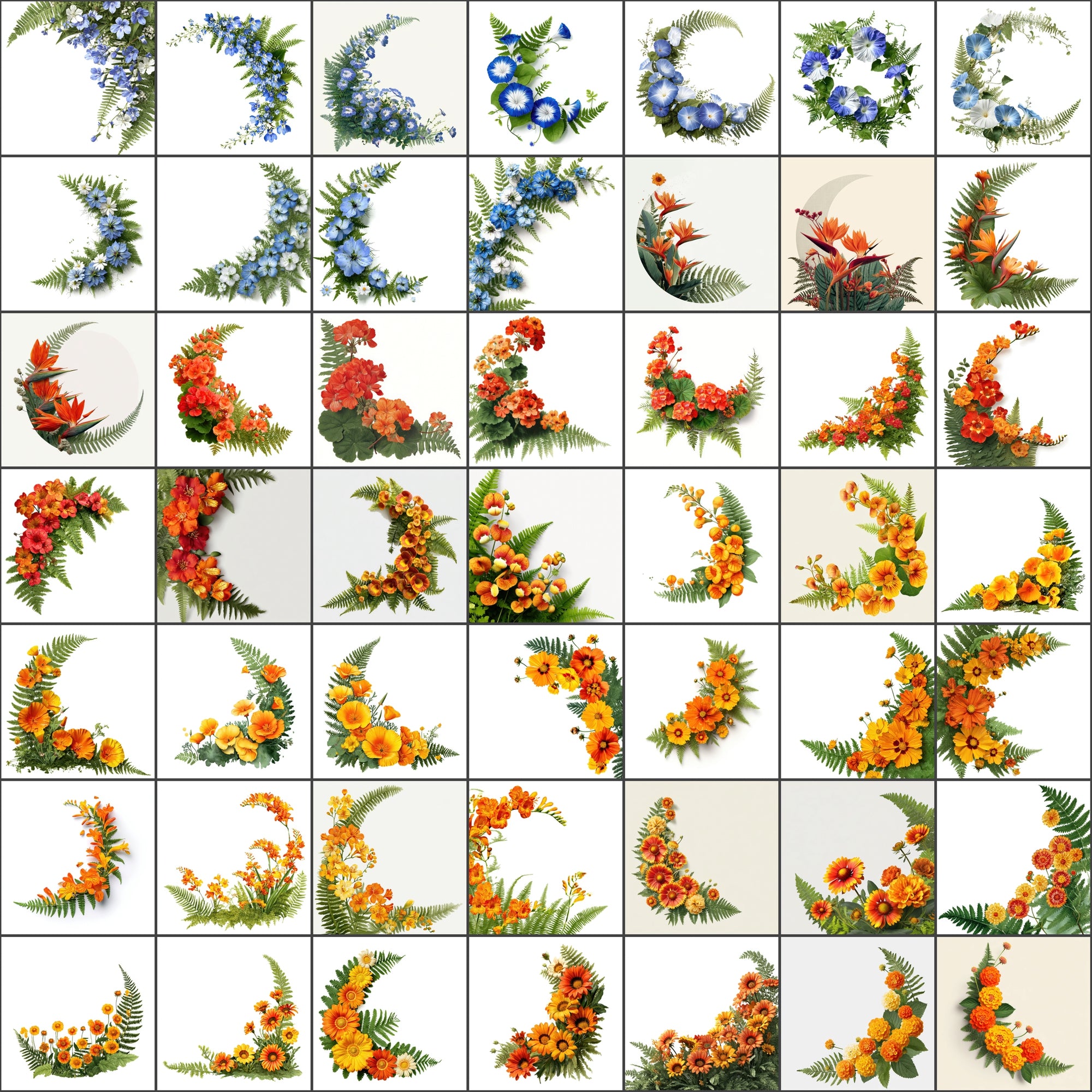 520 Floral Images Bundle | Flower Semicircle Arrangements with Ferns