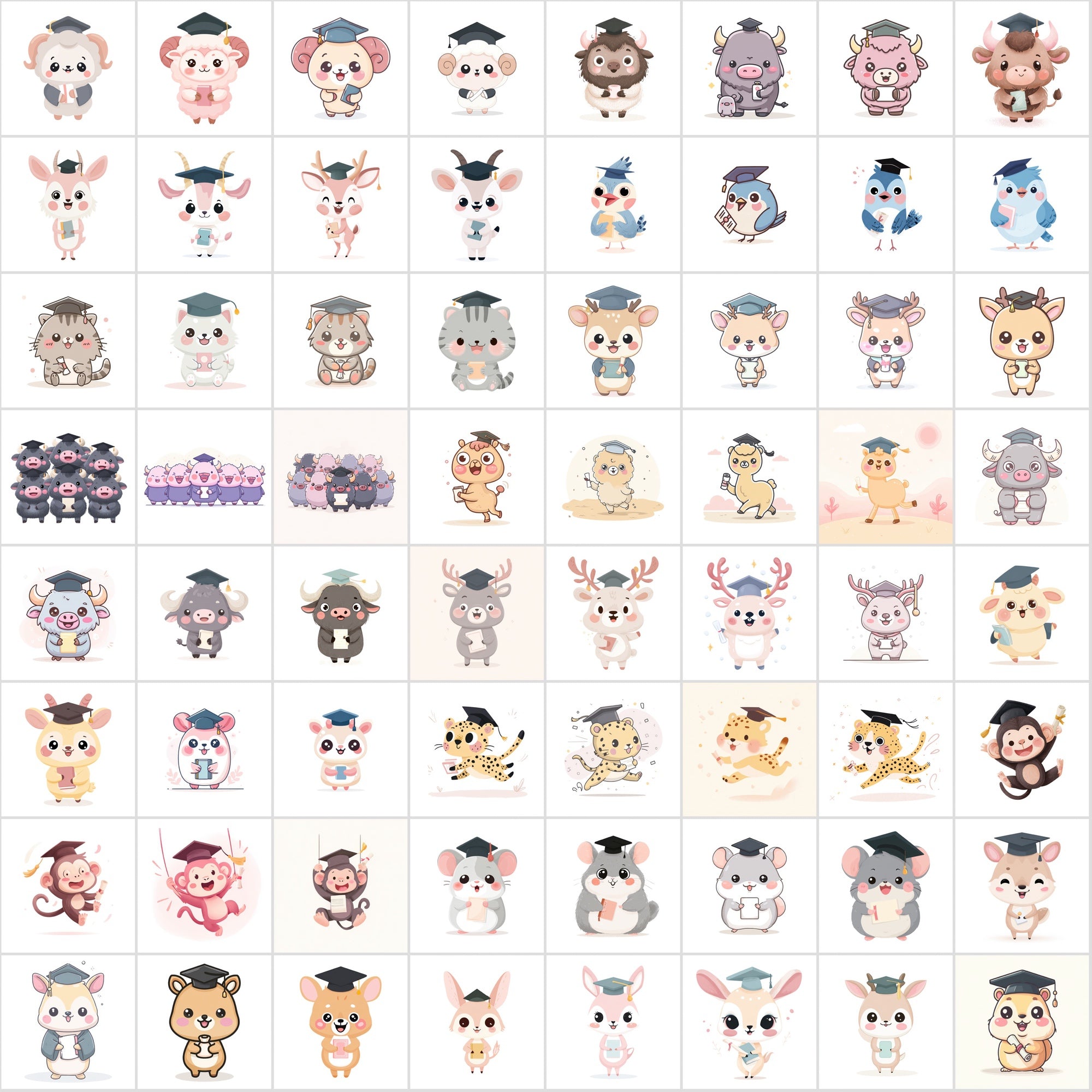 610 Kawaii Graduation Animal Clipart – High-Res JPGs | Commercial Use