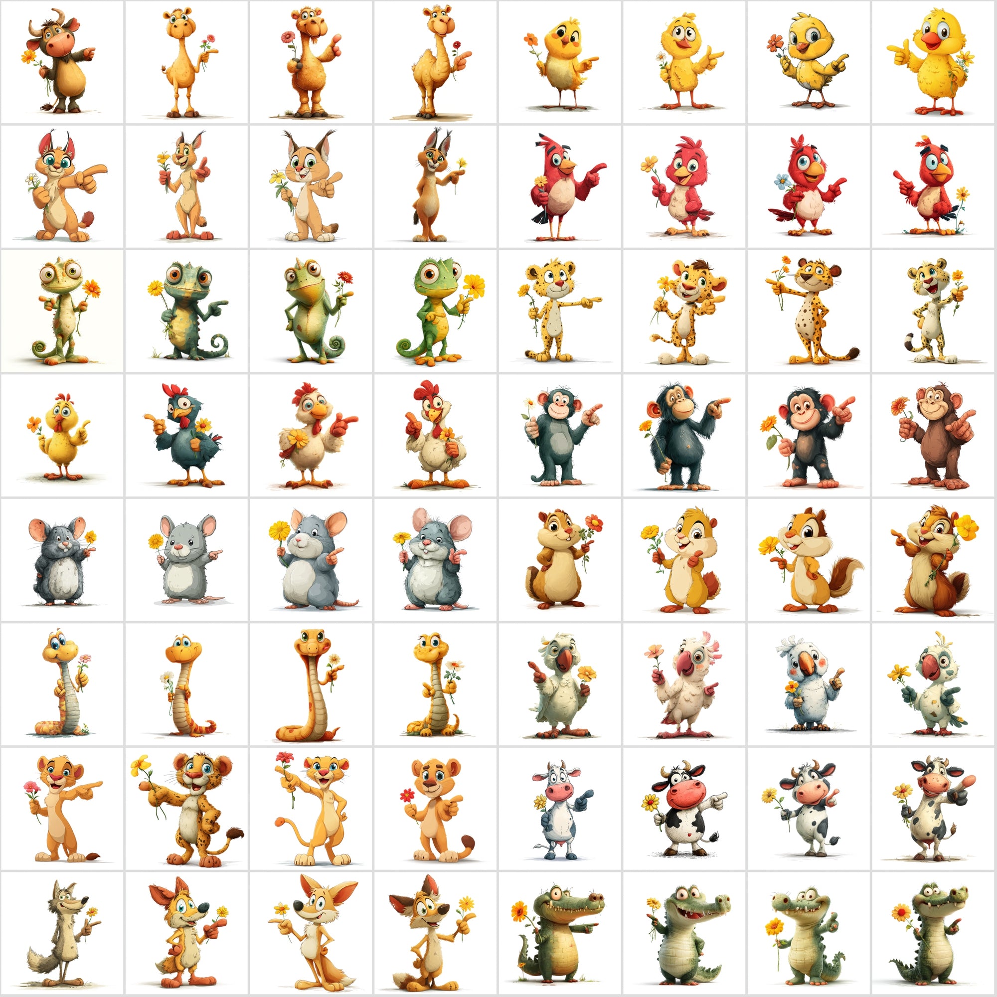 590 Cute Animals Holding Flowers | Cartoon Animal Clipart