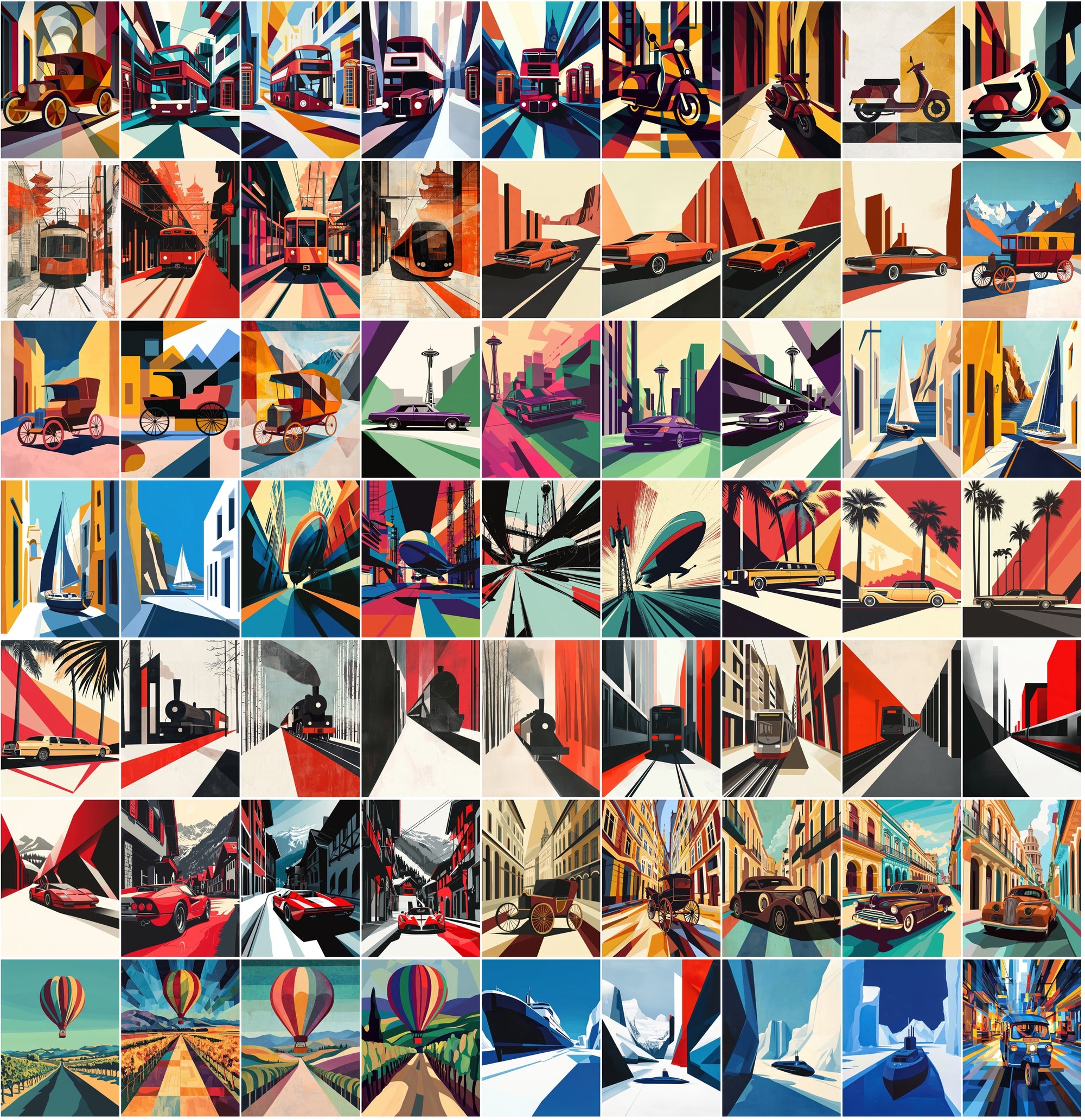 555 Bauhaus Vehicle Illustrations Bundle | City Transport Art | Geometric Digital Wall Art