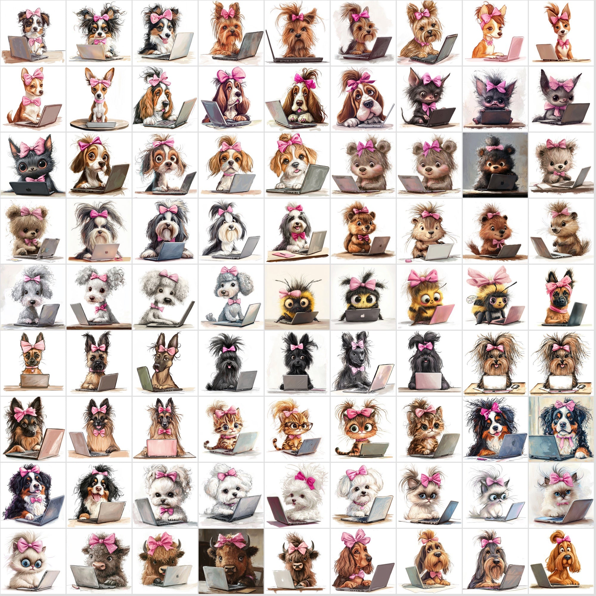 1150 Funny Hairy Animals with Pink Bows Working on Laptops