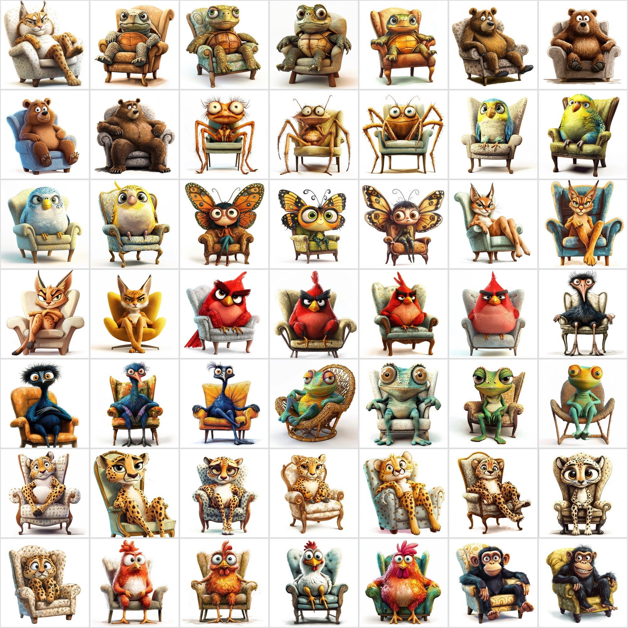 600 Fun Animal Illustrations Sitting on Armchairs