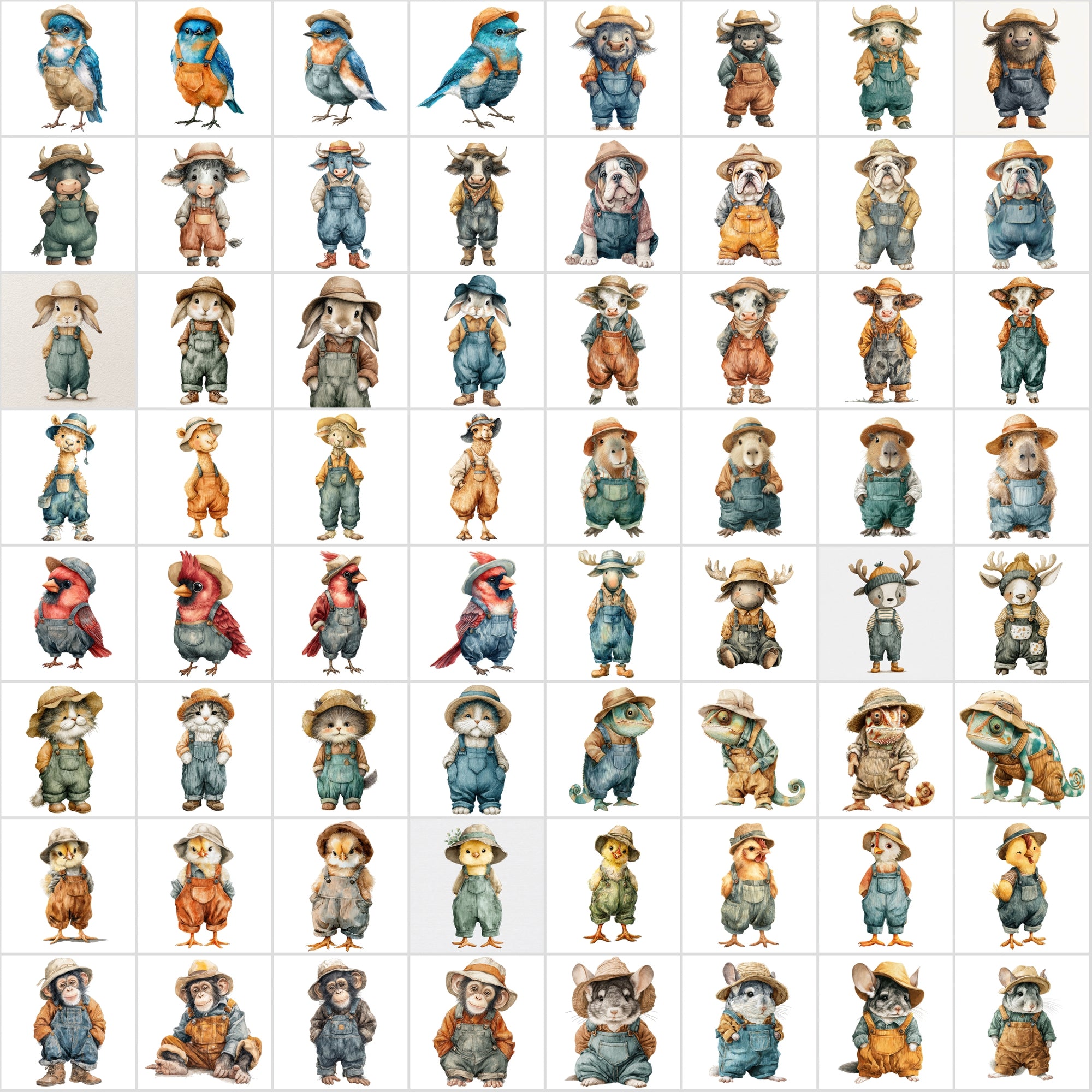 650 Cute Watercolor Animal Clipart – Adorable Animals in Corduroy Overalls & Hats