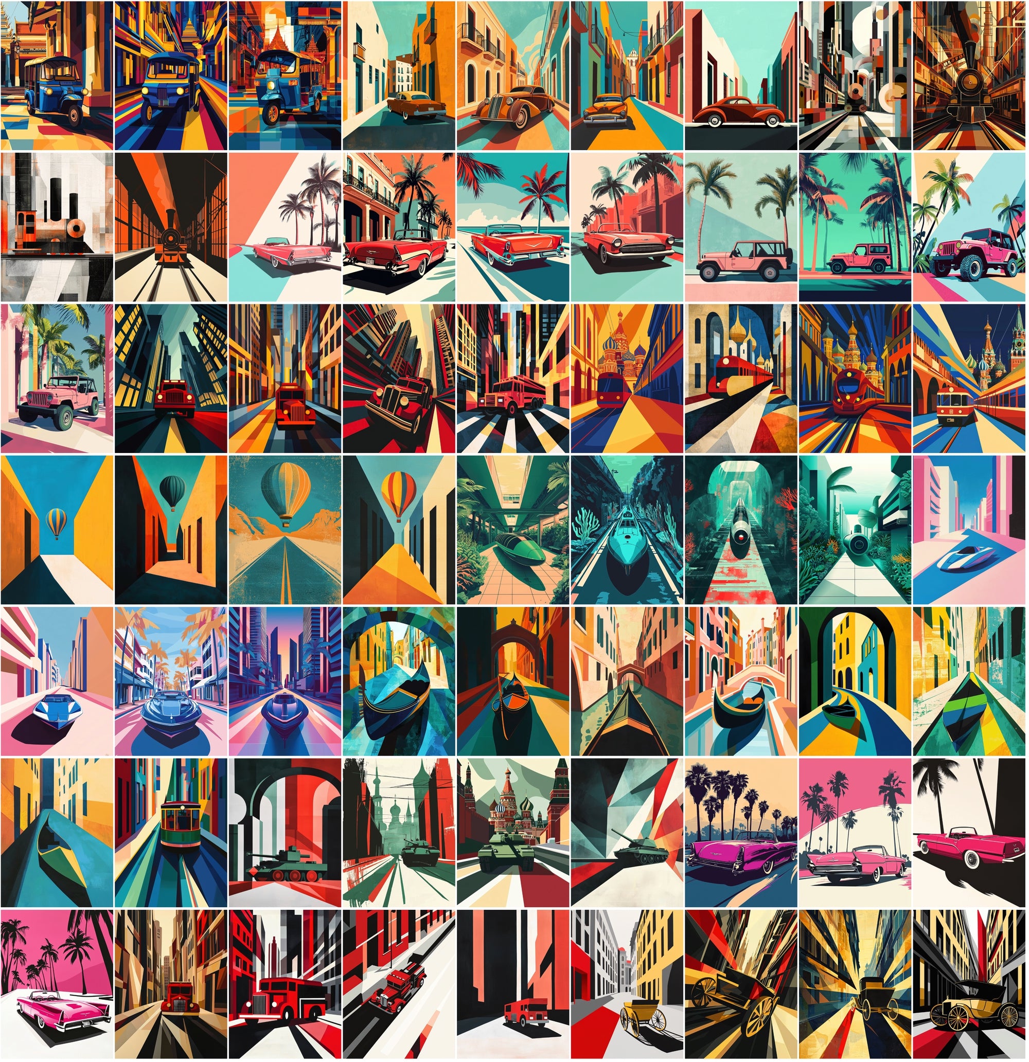 555 Bauhaus Vehicle Illustrations Bundle | City Transport Art | Geometric Digital Wall Art