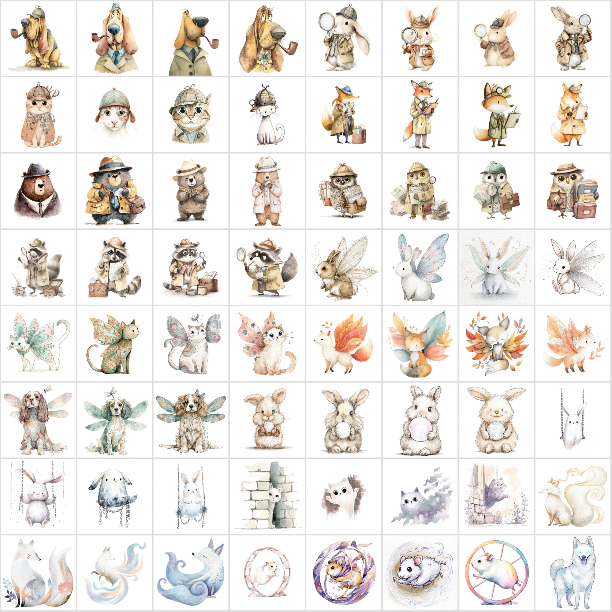 600 Cute Halloween Animal Clipart, Whimsical Spooky Critters Bundle, Watercolor Graphics, Commercial Use JPG, Digital Download