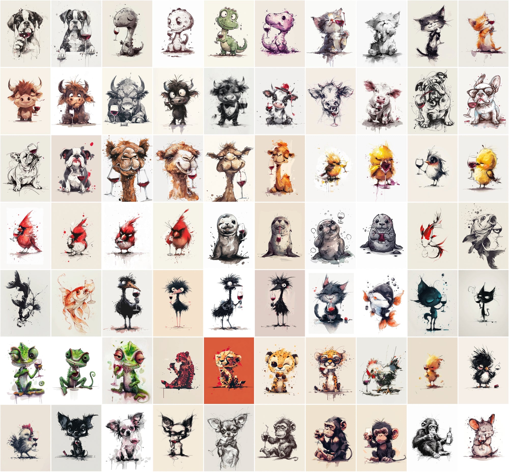 980 Unique Animal Wine Art Images | Commercial Use | Perfect for Postcards & Party Decor