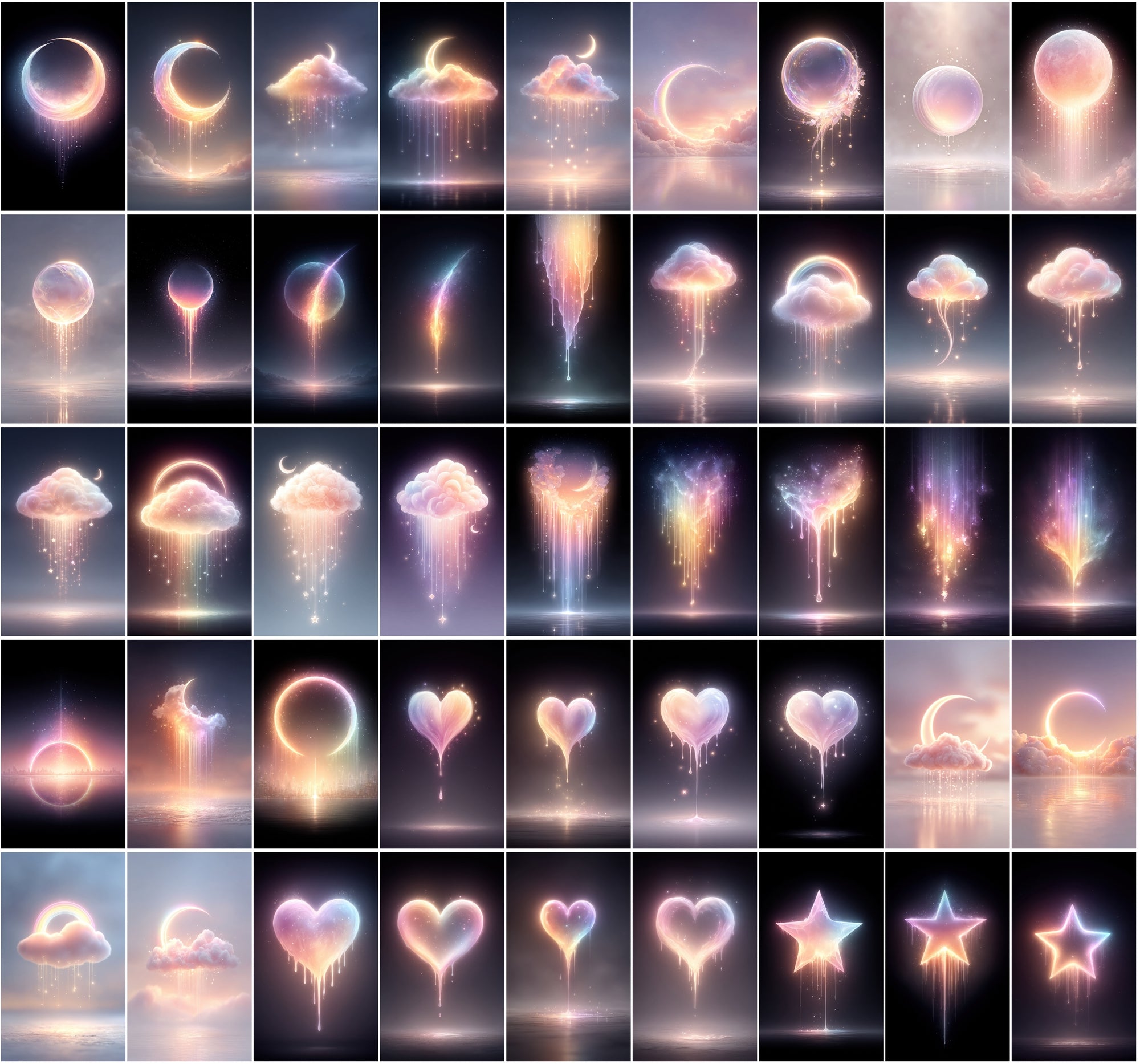 620 Glowing Rainbow Neon Images | Luminous Cosmic Art | Sparkling Dripping Stars, Moons, Clouds & Hearts