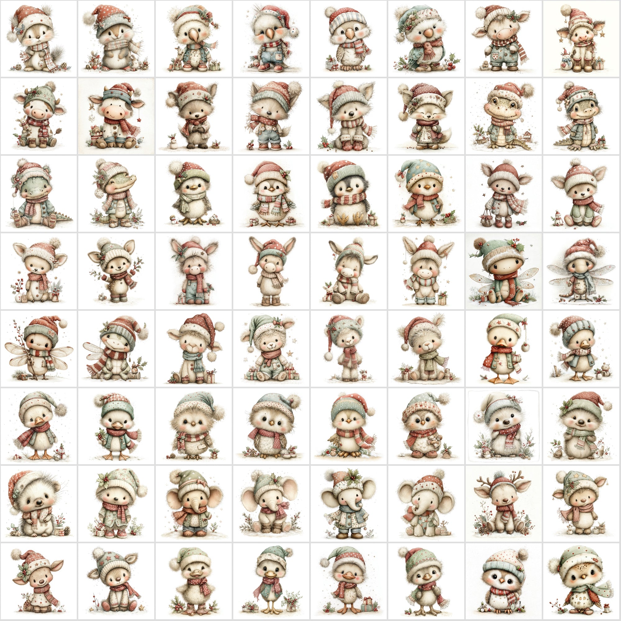 630 Baby Christmas Animal Clipart – Cute Winter Wildlife with Santa Hats & Scarves, Holiday Baby Animals, High-Resolution JPGs