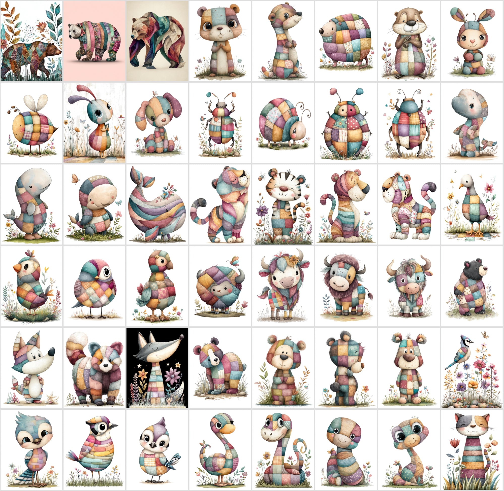 1090 Patchwork Animal Clipart Bundle – Cute Kids Book Style Animals