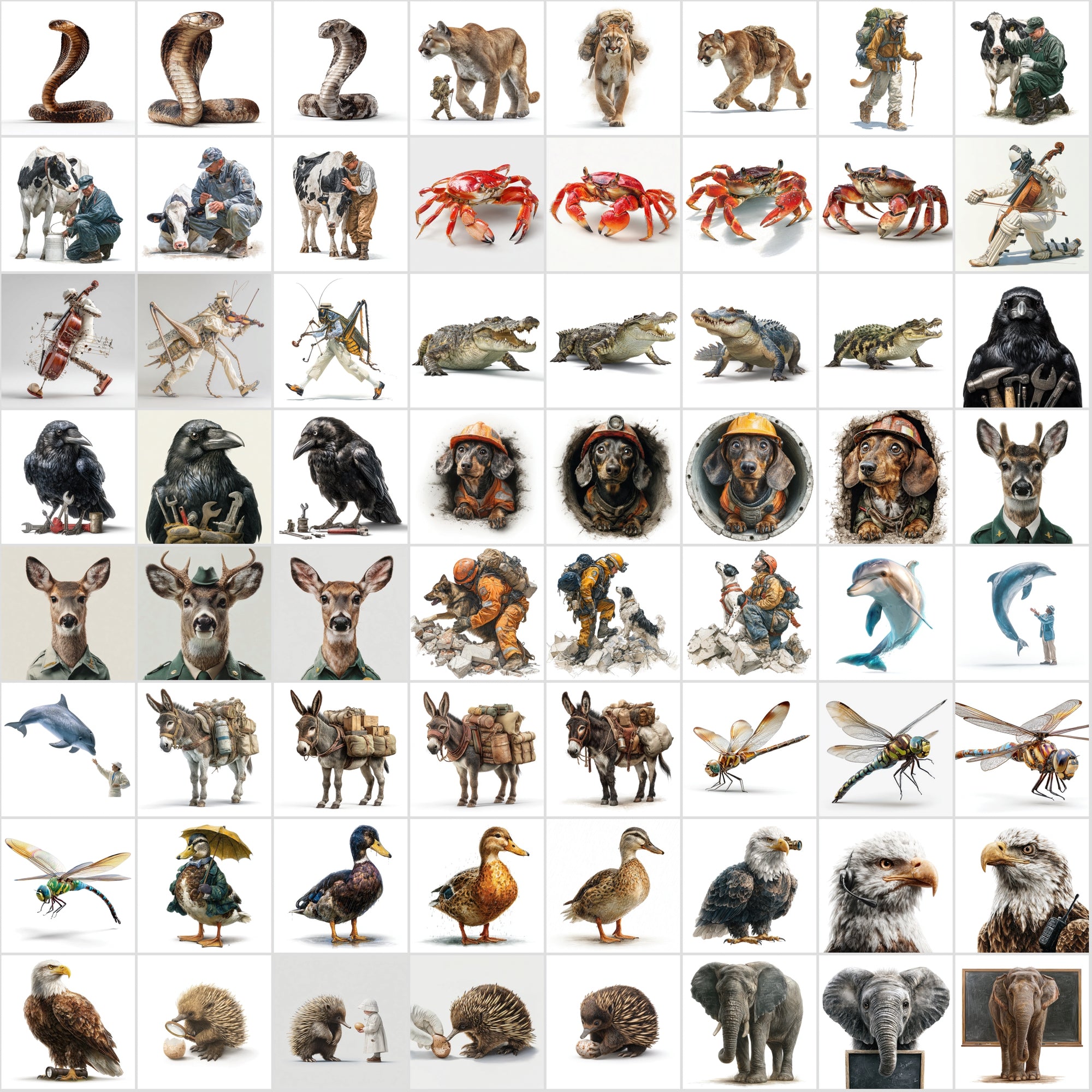 570 Realistic Animal Illustrations in Unique Professions