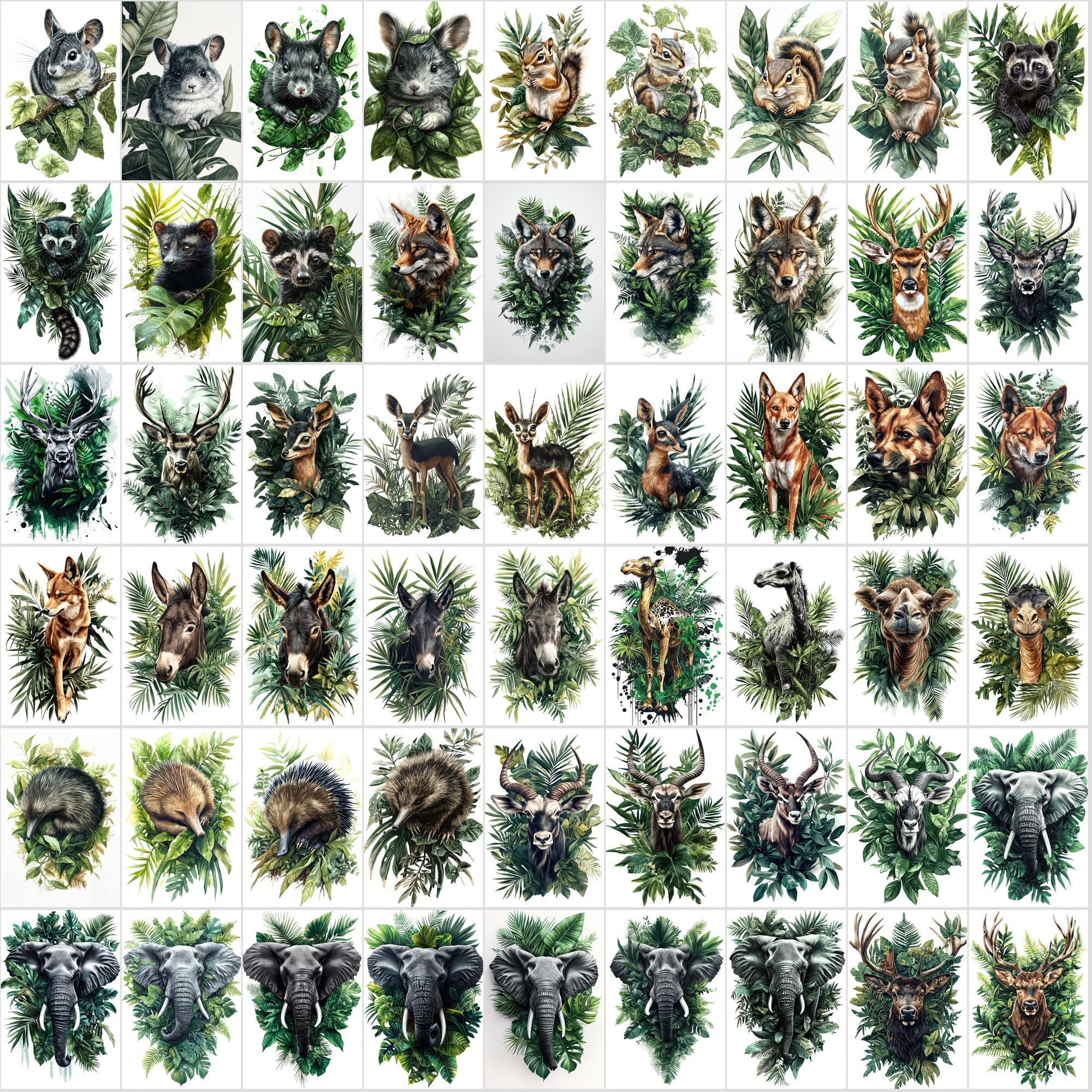 580 Animal Illustrations with Green Foliage