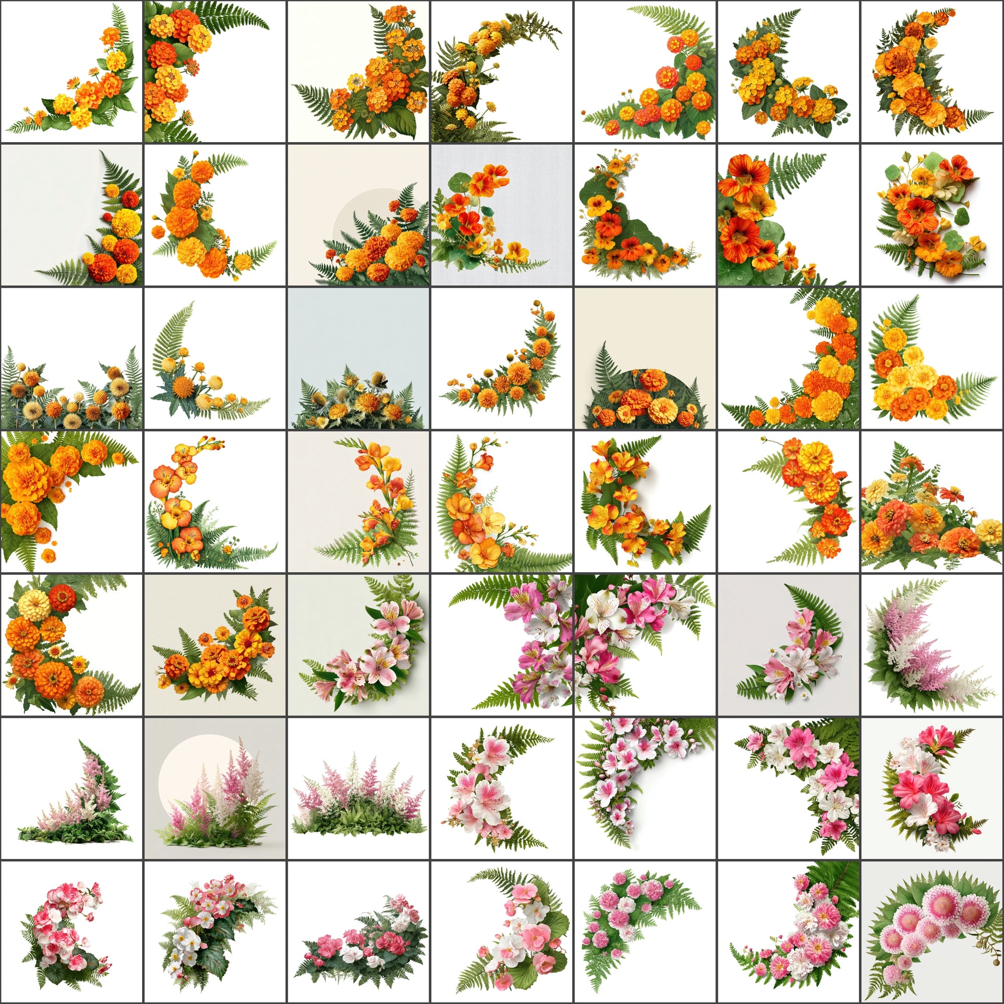 520 Floral Images Bundle | Flower Semicircle Arrangements with Ferns