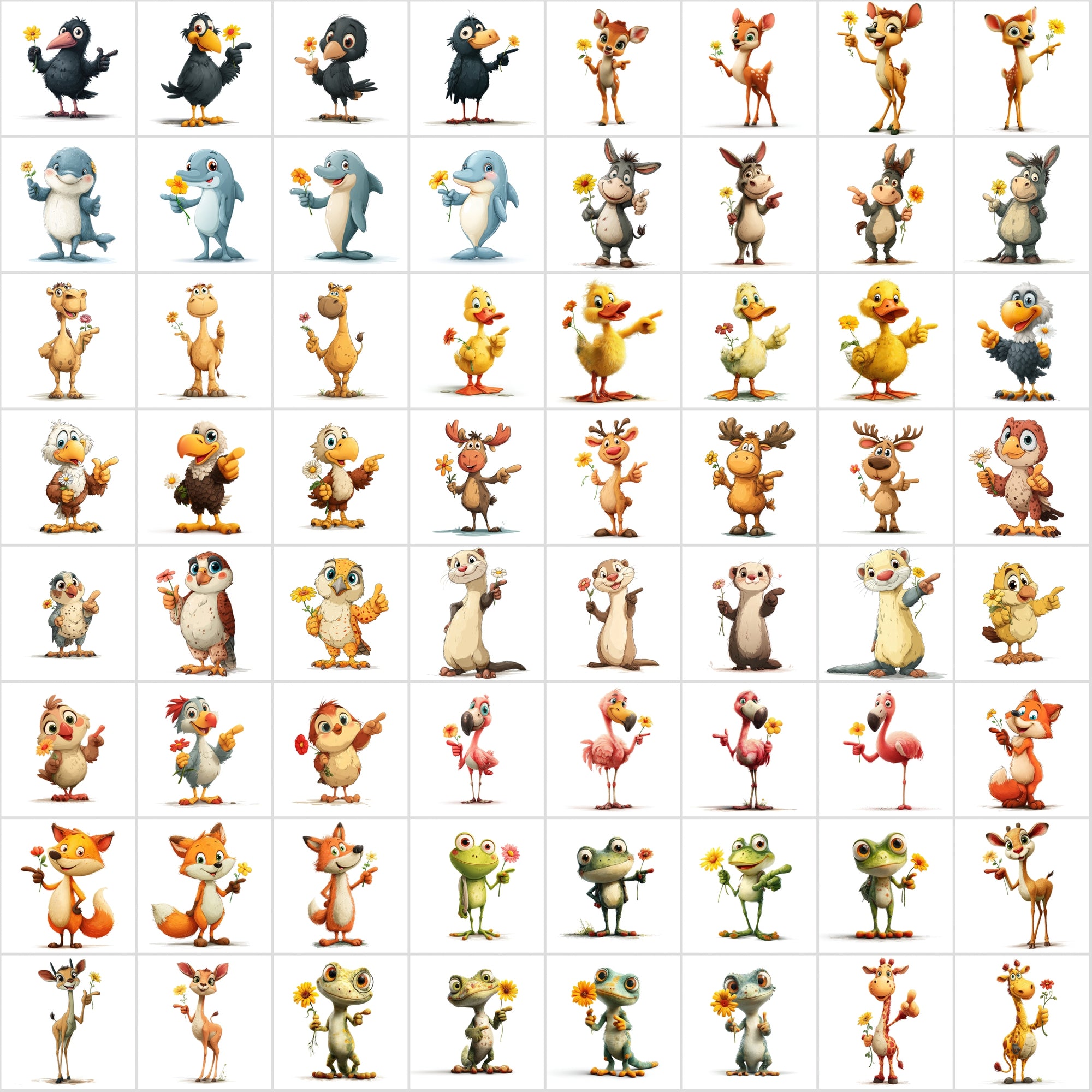 590 Cute Animals Holding Flowers | Cartoon Animal Clipart