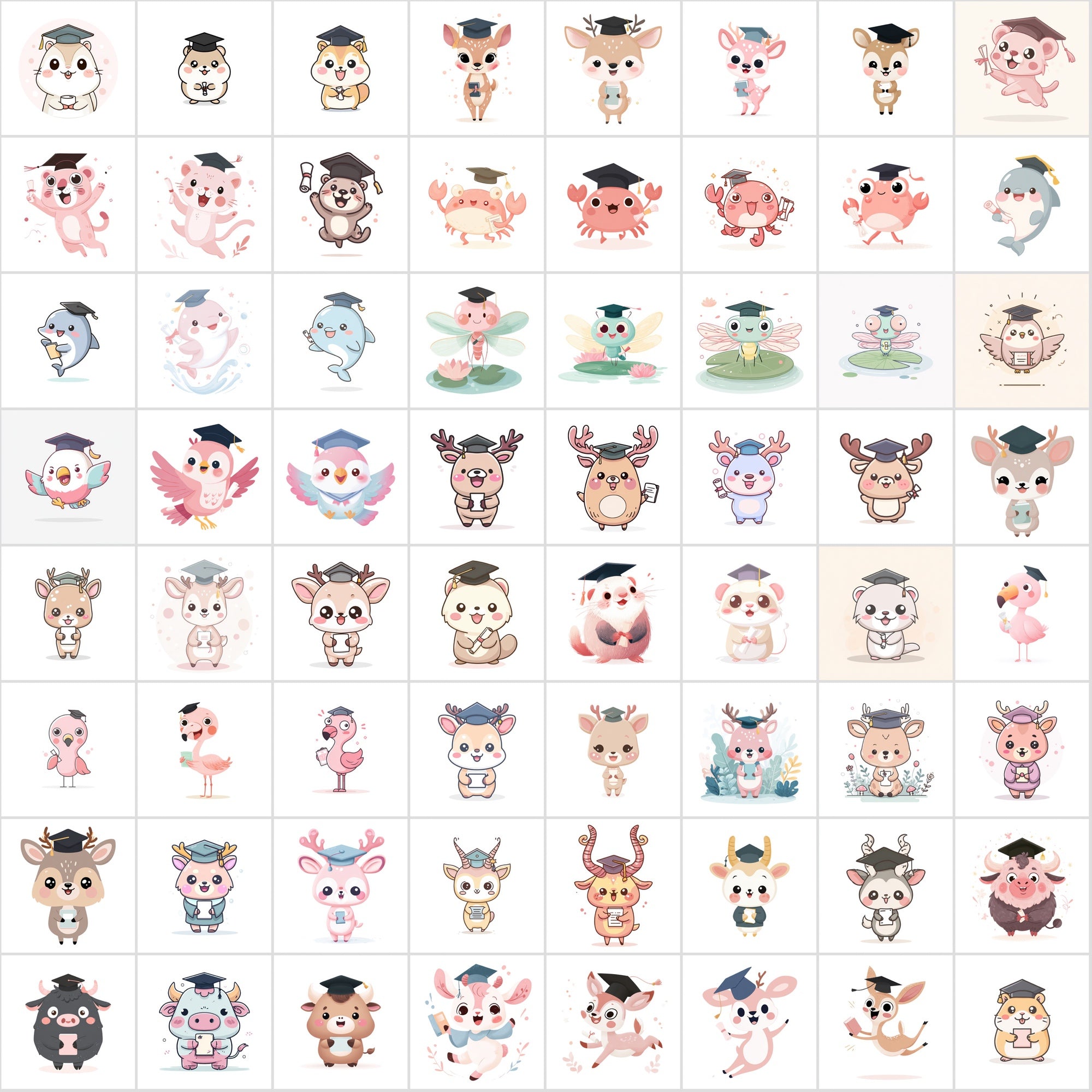 610 Kawaii Graduation Animal Clipart – High-Res JPGs | Commercial Use