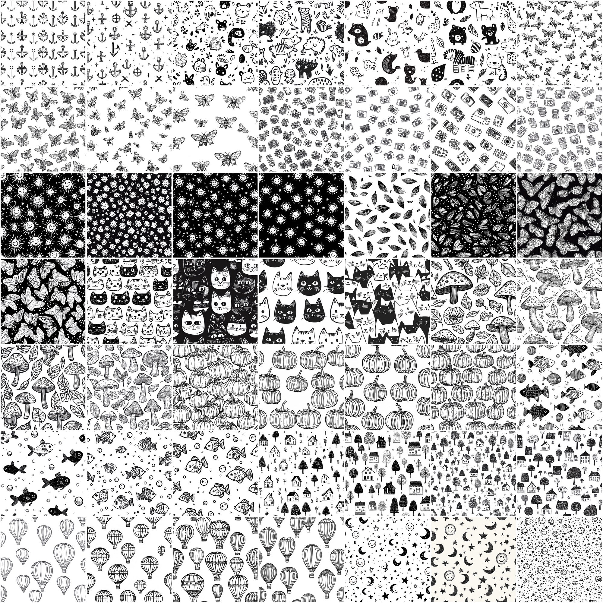 555 Black & White Seamless Patterns | Hand-Drawn Doodles, Geometric & Cute Designs