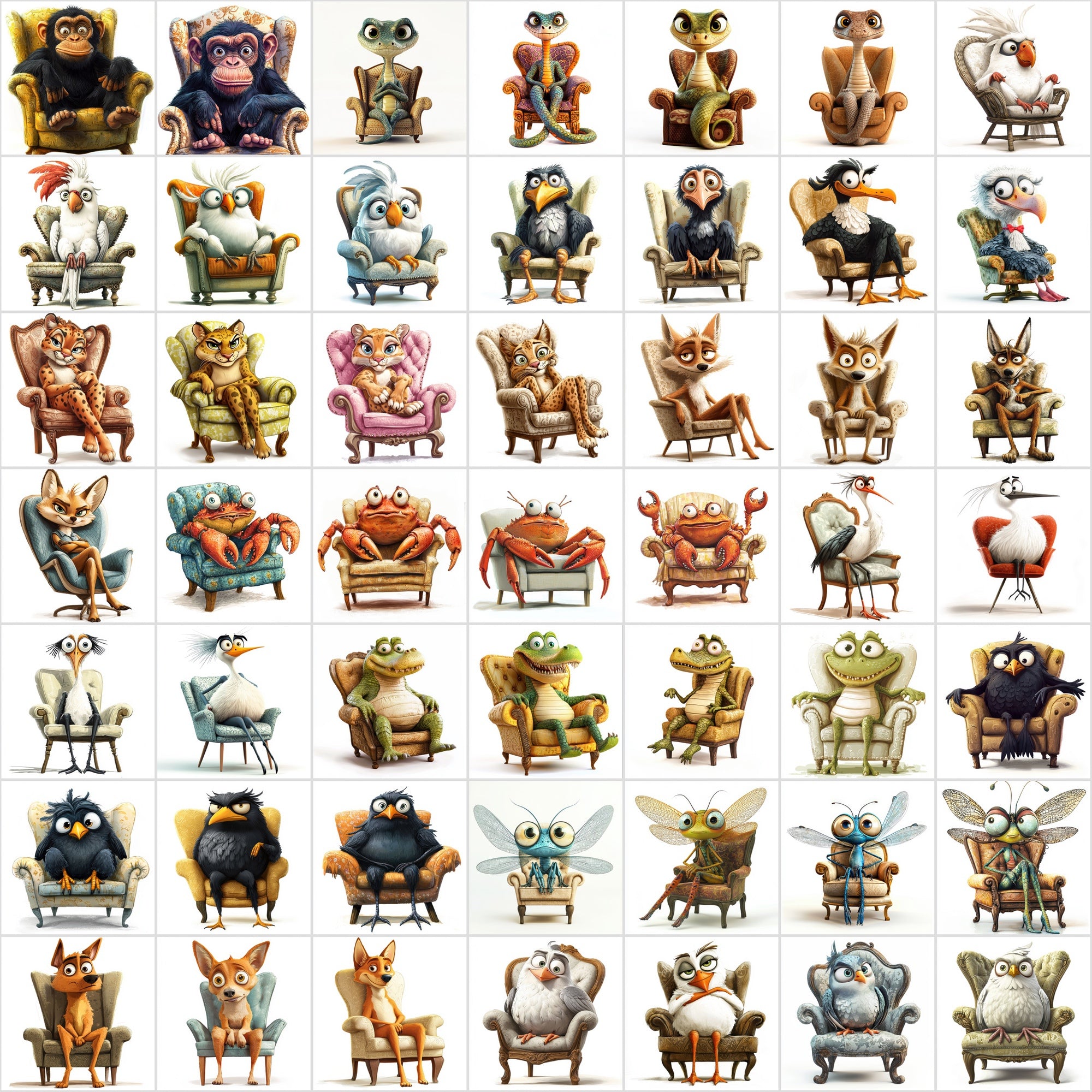 600 Fun Animal Illustrations Sitting on Armchairs