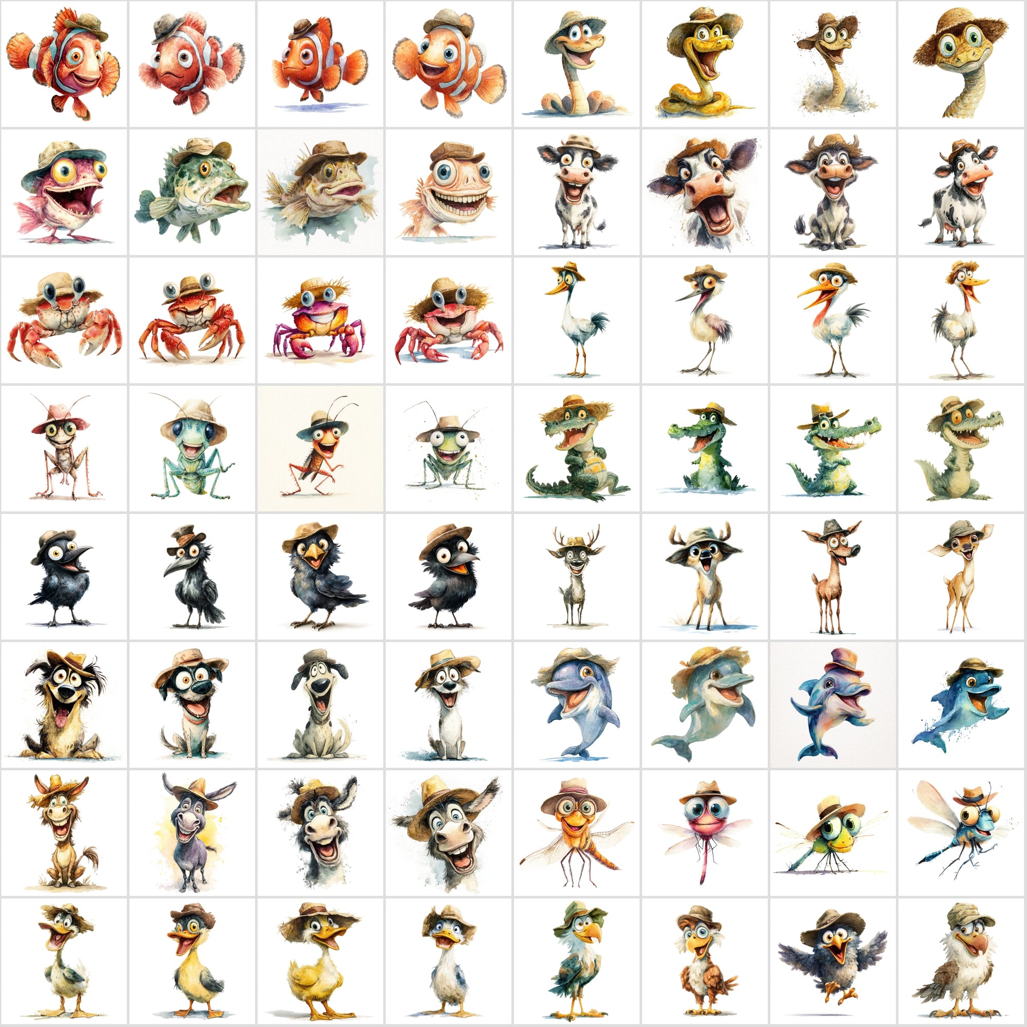 610 Funny Animals with Hats – Cartoon Watercolor Animal Clipart Bundle