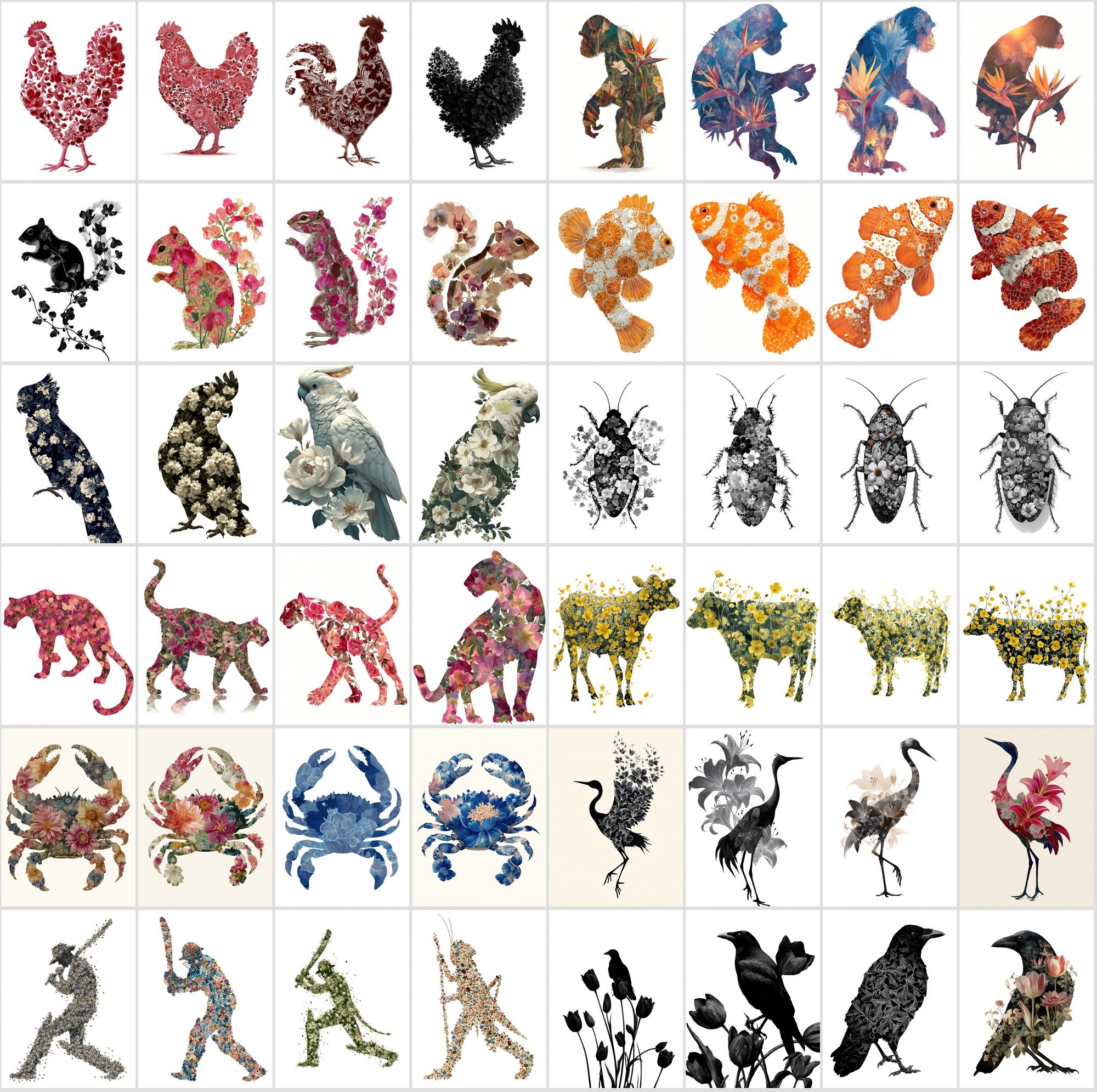 610 Floral Animal Silhouette Images – Vintage Flower Art, Commercial License