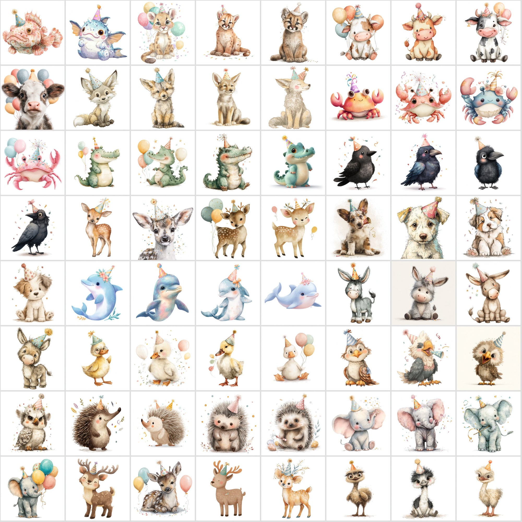 600 Cute Party Animal Clipart | Birthday Animal Illustrations | Pastel Baby Animal Graphics