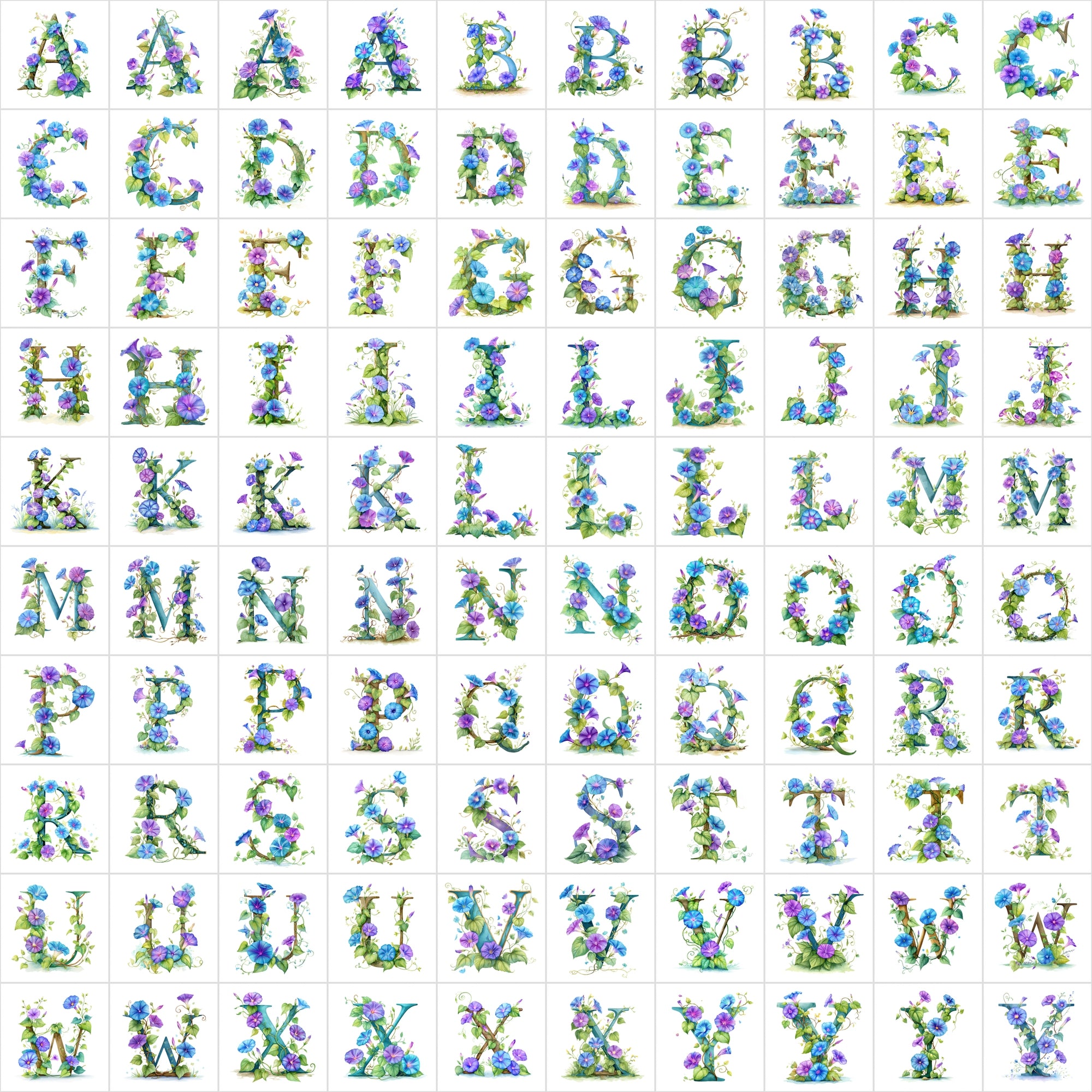 1040 Watercolor Floral Letters – Nature-Inspired Alphabet Clipart