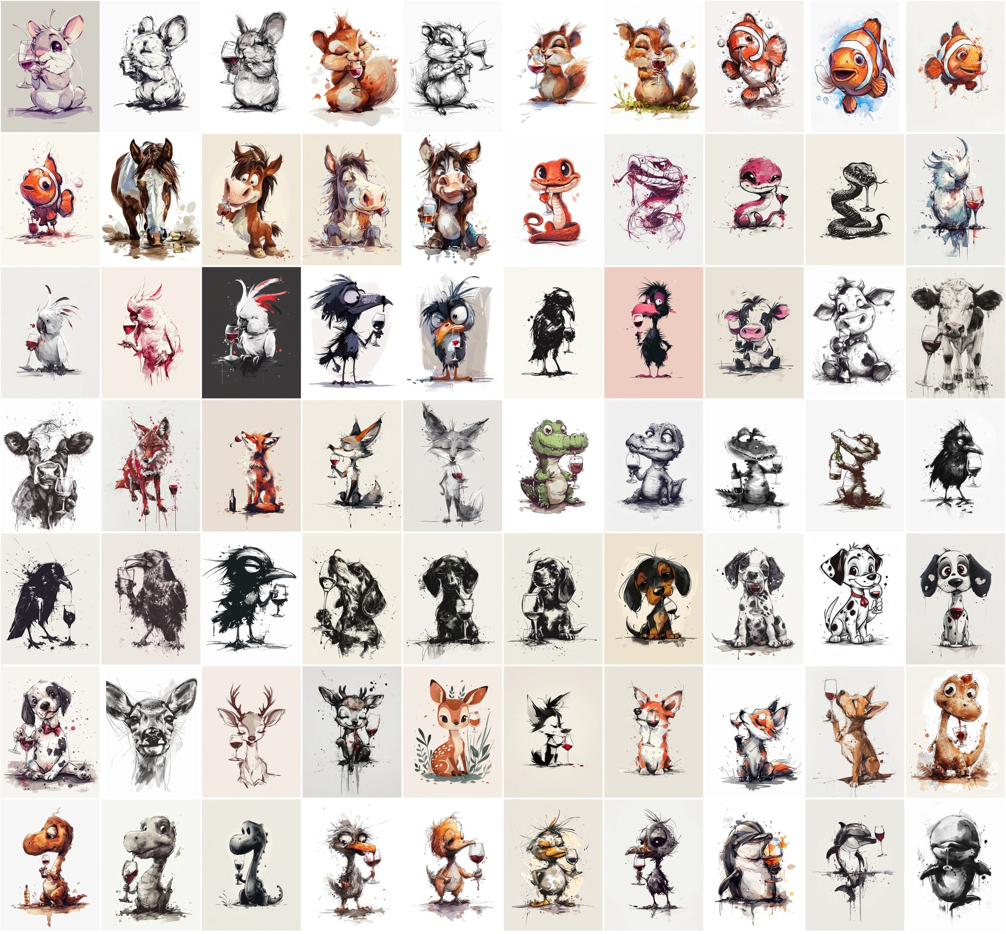 980 Unique Animal Wine Art Images | Commercial Use | Perfect for Postcards & Party Decor