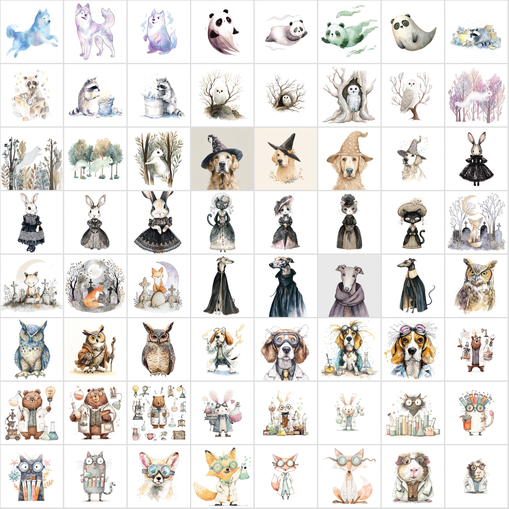 600 Cute Halloween Animal Clipart, Whimsical Spooky Critters Bundle, Watercolor Graphics, Commercial Use JPG, Digital Download