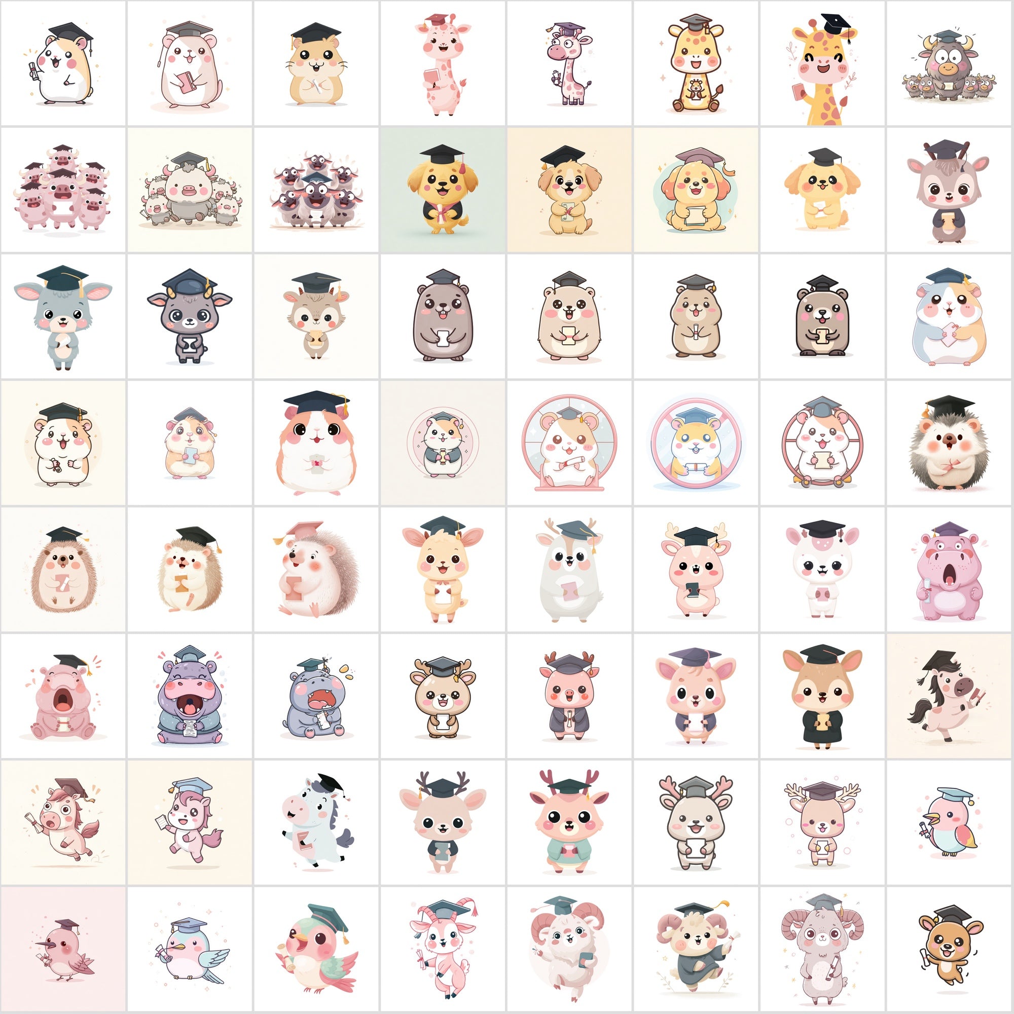 610 Kawaii Graduation Animal Clipart – High-Res JPGs | Commercial Use