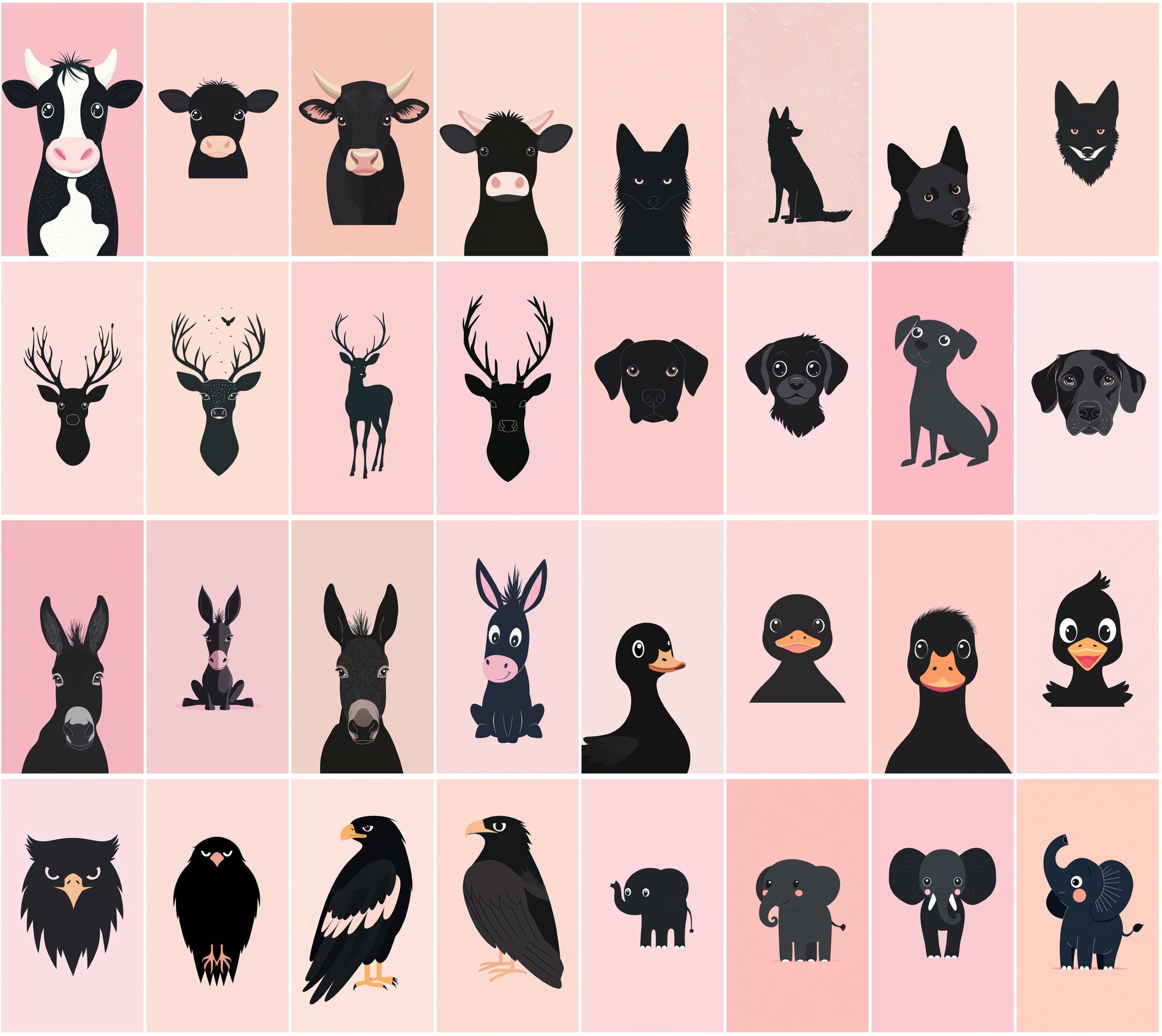 390 Minimalist Animal Illustrations on Pastel Pink Backgrounds