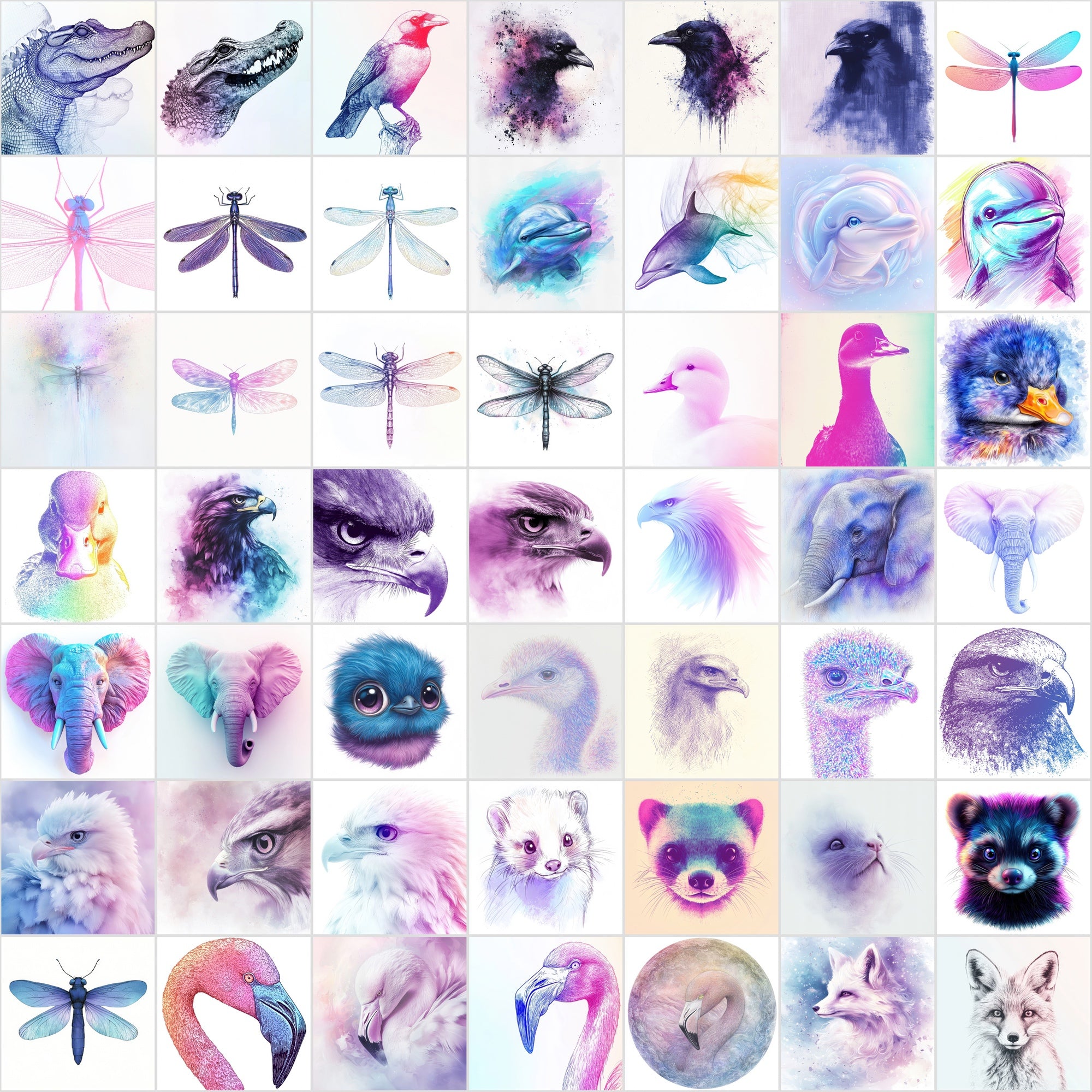 560 Dreamy Animal Face Illustrations Bundle | Charcoal Art with Pastel Backgrounds